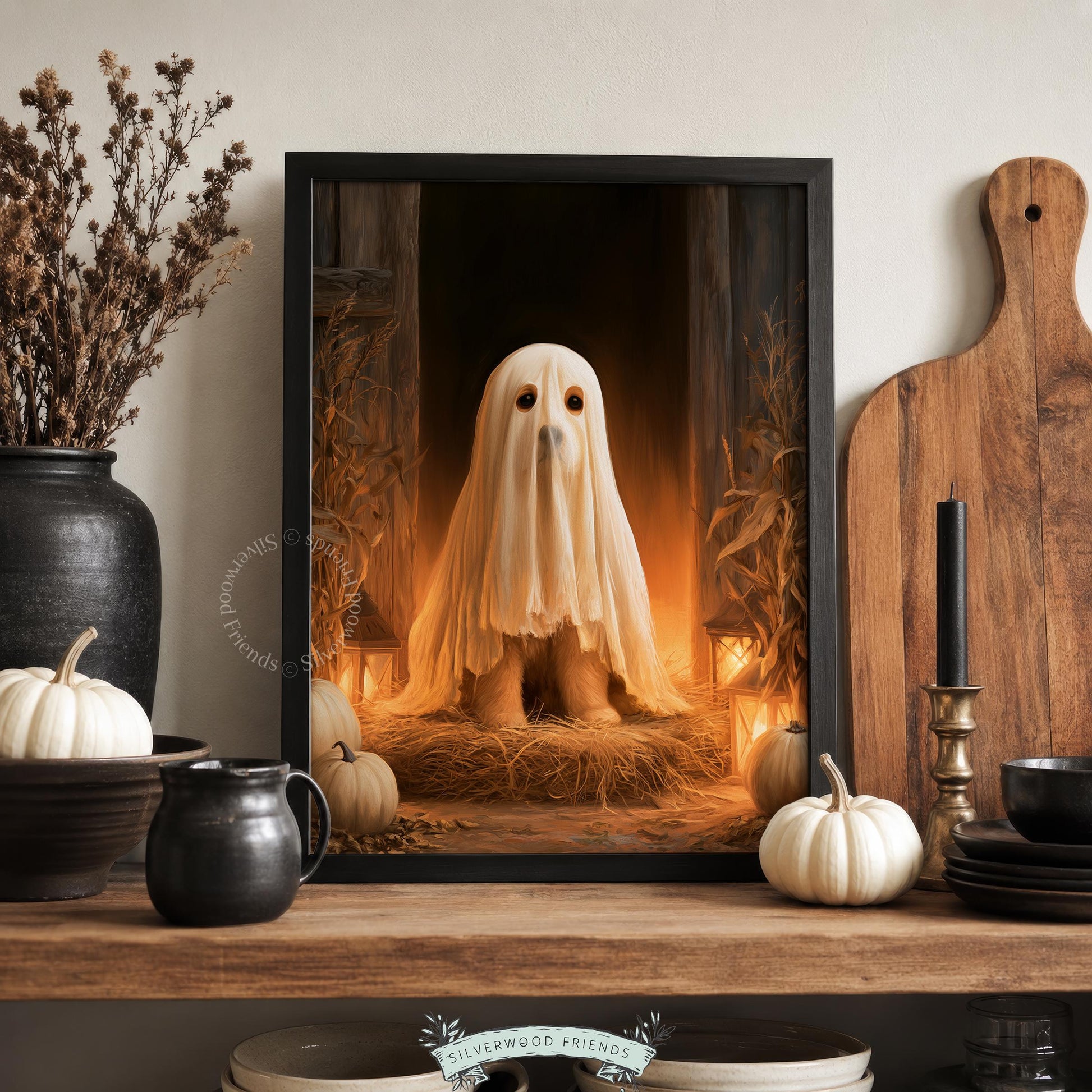 Canine ghost character poster for fall decor — rustic barn backdrop with golden amber lighting