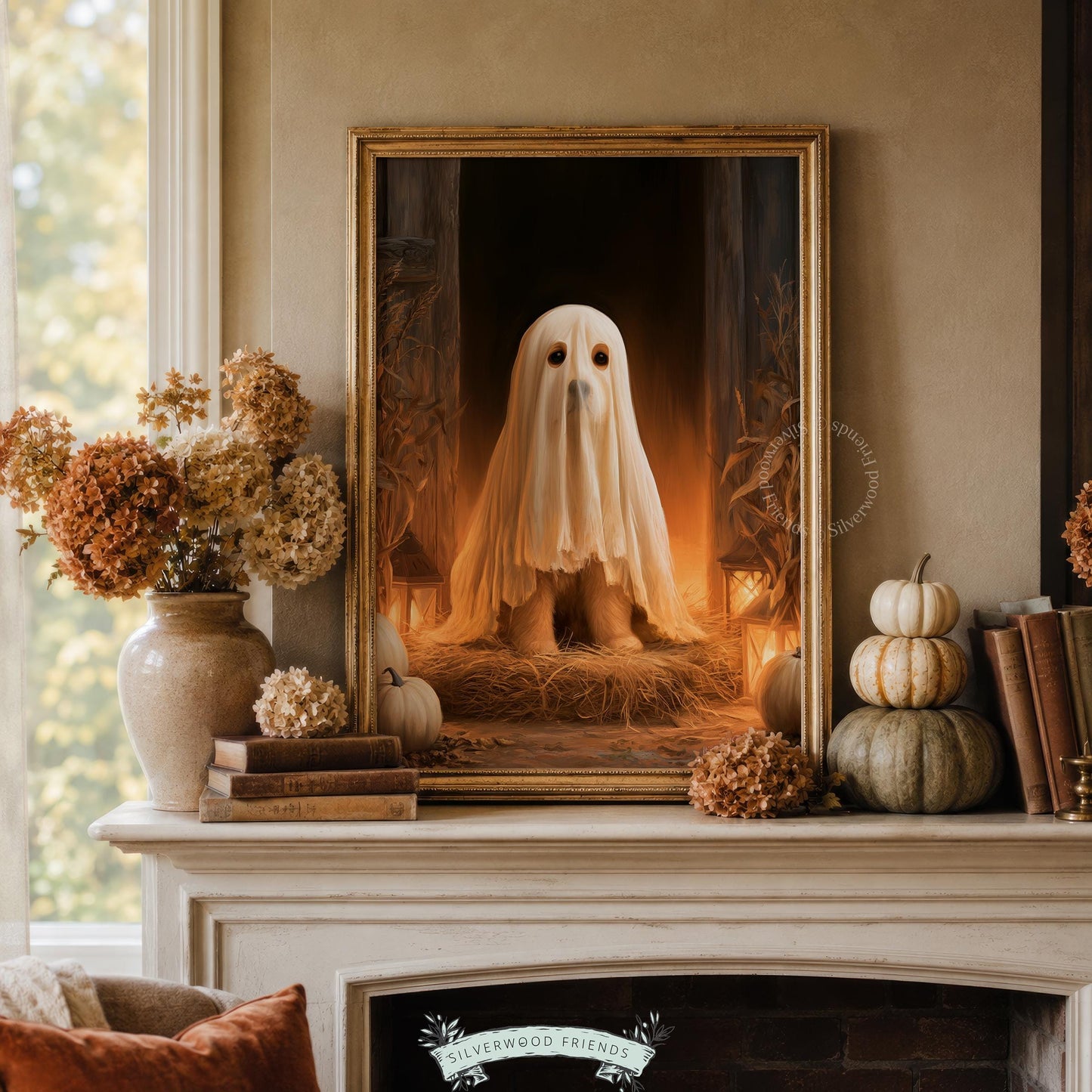 Festive canine costume picture wall poster — autumn barn scene with amber-toned atmospheric lighting