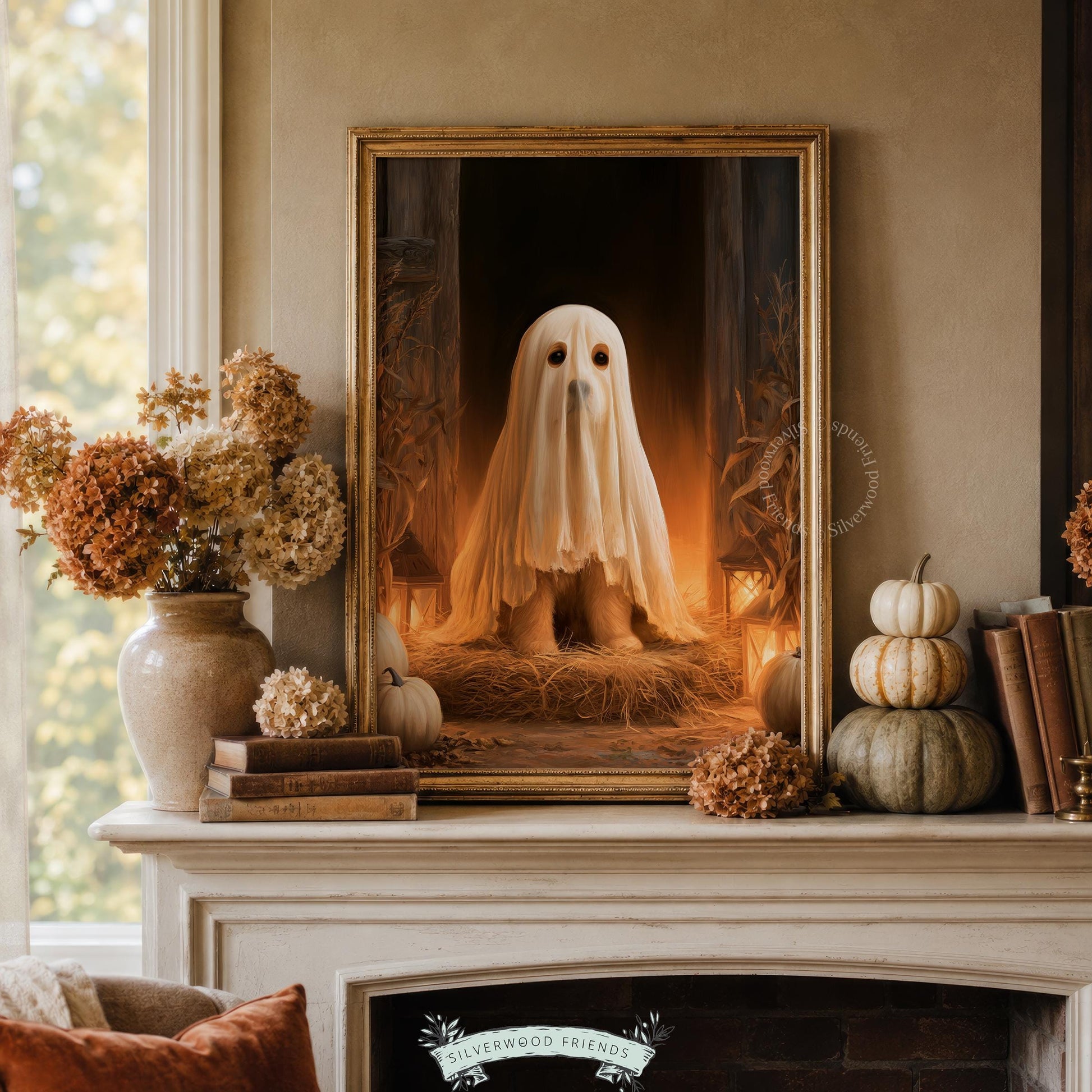 Festive canine costume picture wall poster — autumn barn scene with amber-toned atmospheric lighting