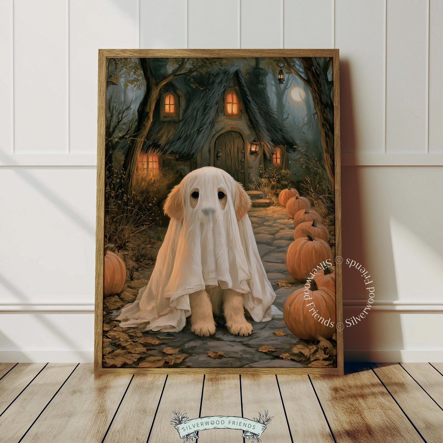 Golden retriever puppy ghost costume printable art for living room — moody Halloween wall decor with pumpkins and full moon