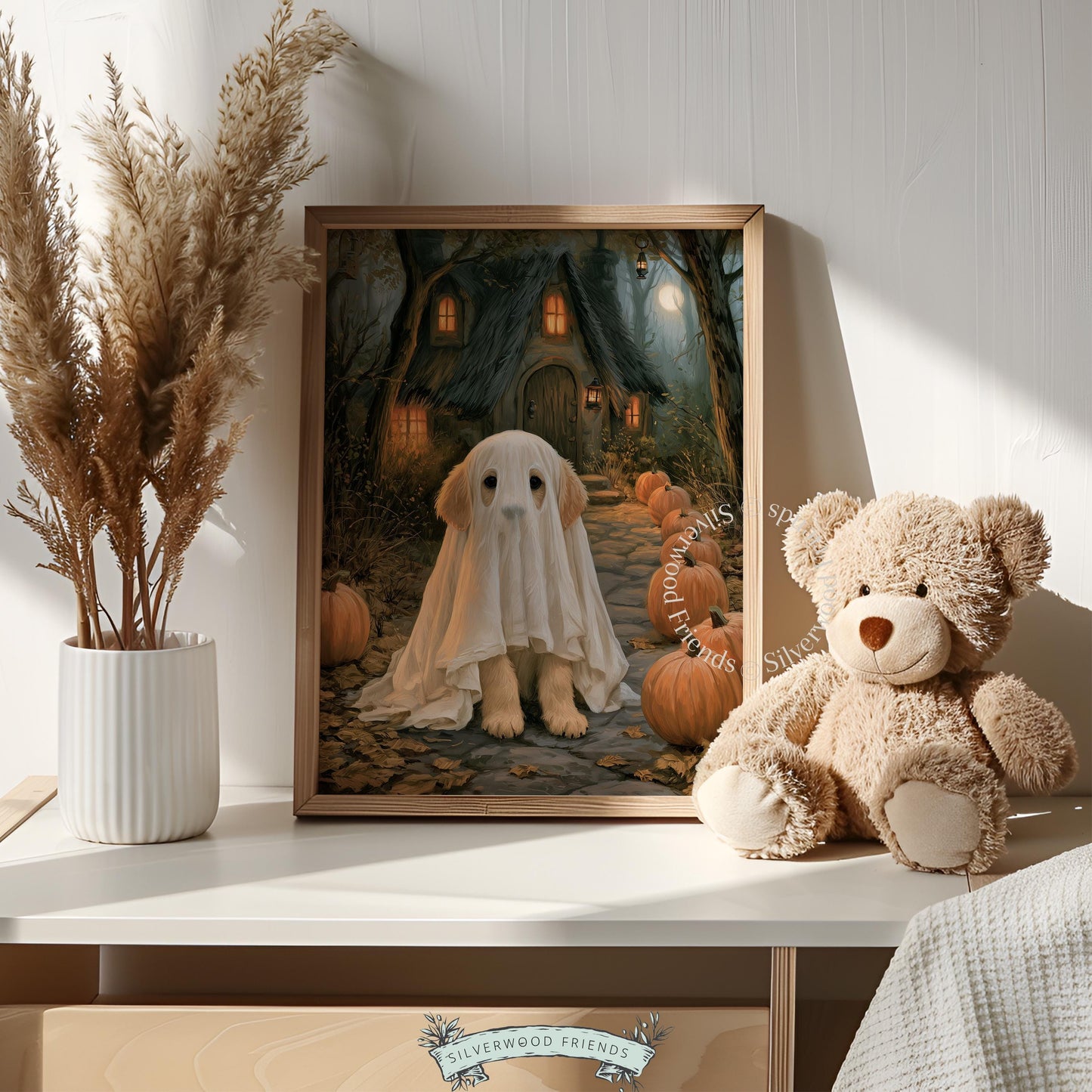 Golden retriever Halloween picture instant download — witchy aesthetic poster with dark trees, pumpkins, and candlelit ambiance