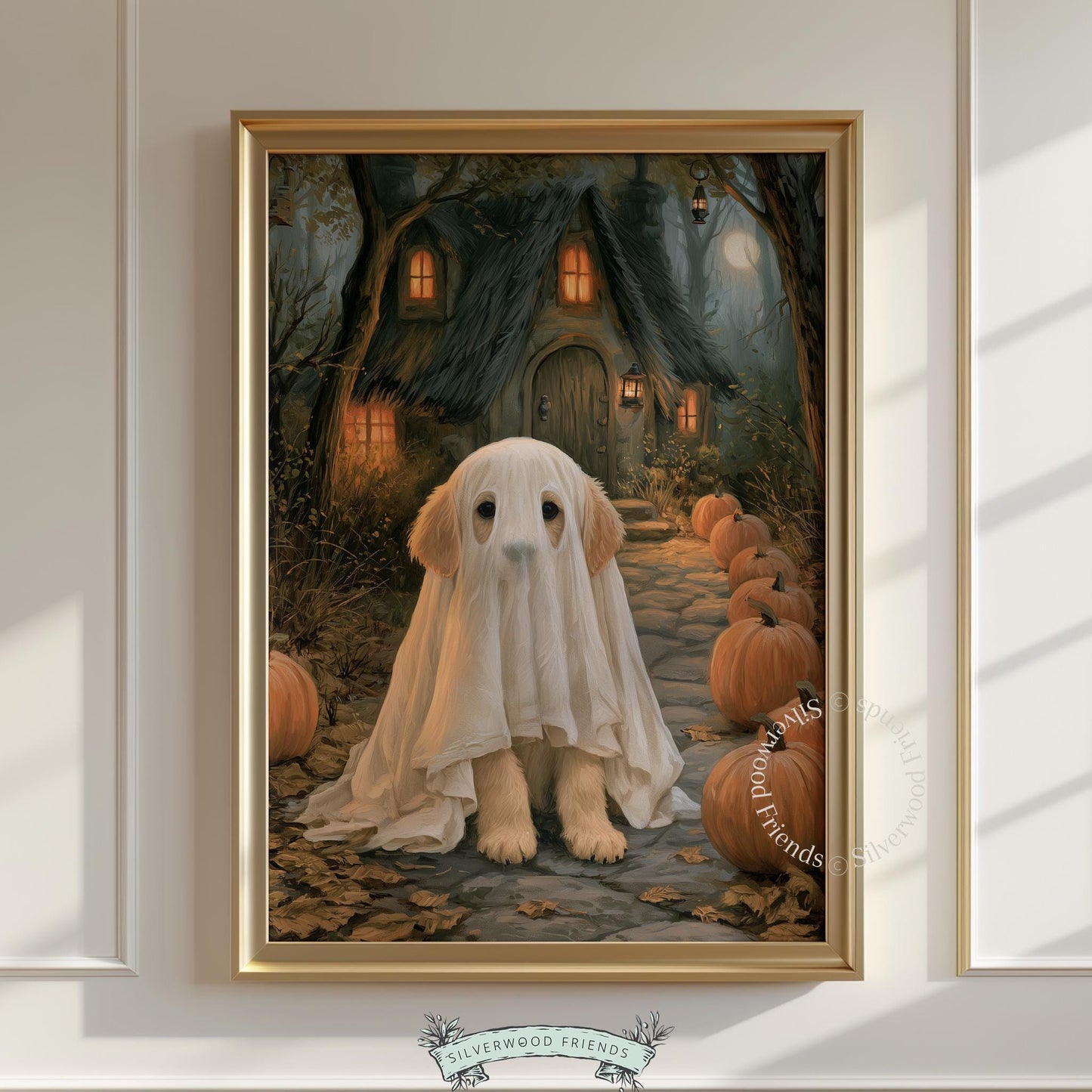 Dog Halloween costume poster for seasonal display — moody cottagecore scene with candlelit charm and harvest elements