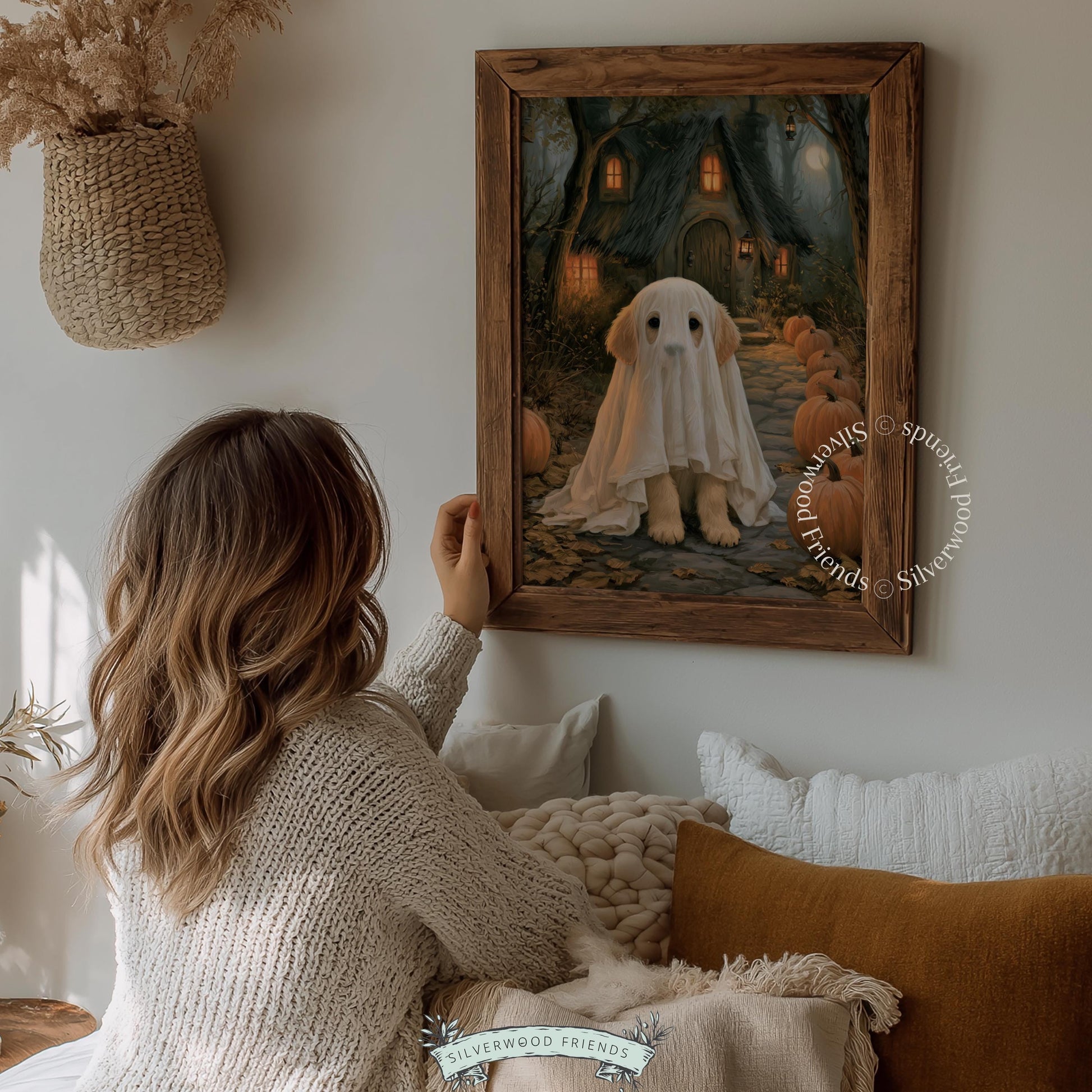 Golden retriever Halloween picture for witchy home decor — candlelit farmhouse path with mysterious forest background