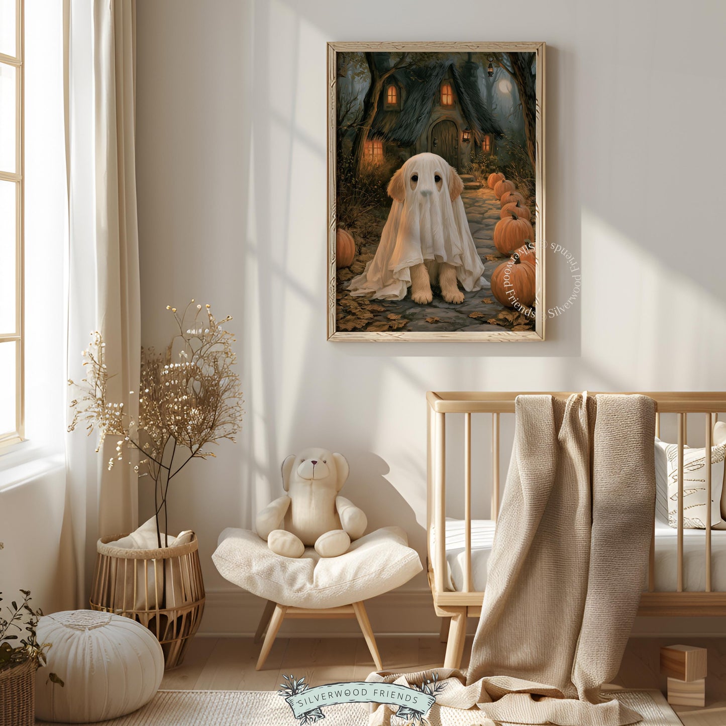 Friendly ghost retriever art print for fall decoration — dark academia meets cottage aesthetic with glowing rustic details