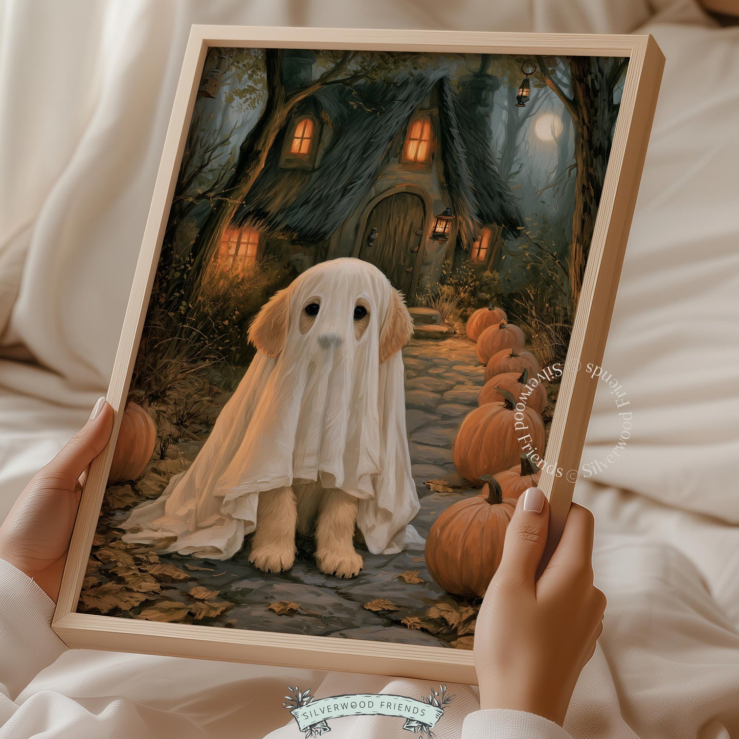 Ghost costume dog poster printable for gallery wall — soft, painterly Halloween artwork with warm vintage tones