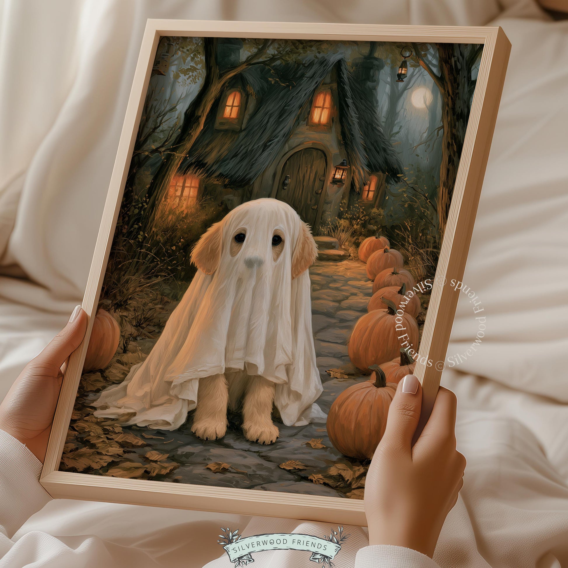 Ghost costume dog poster printable for gallery wall — soft, painterly Halloween artwork with warm vintage tones
