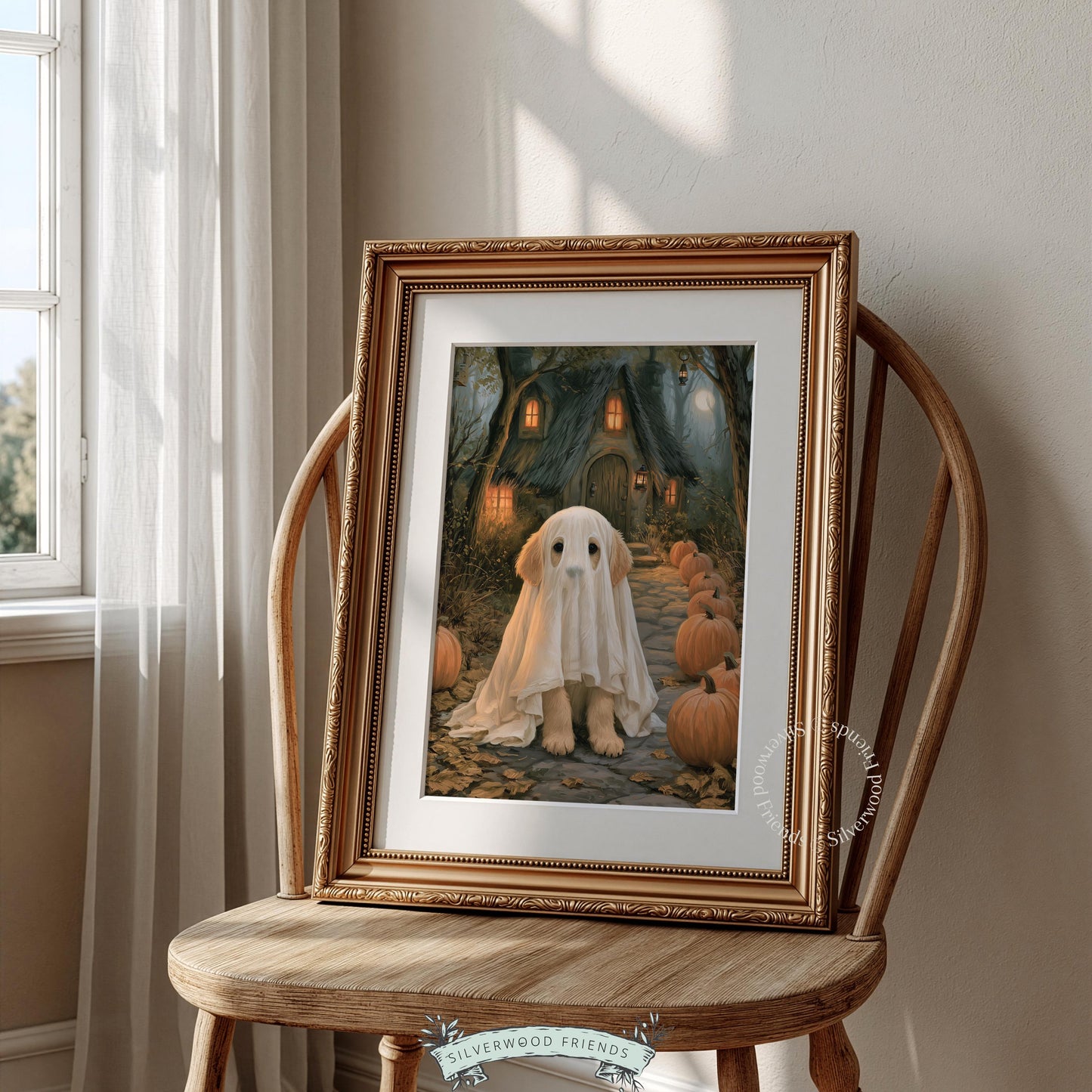 Retriever ghost art instant download for cottage style — spooky season illustration with cozy glowing cottage windows