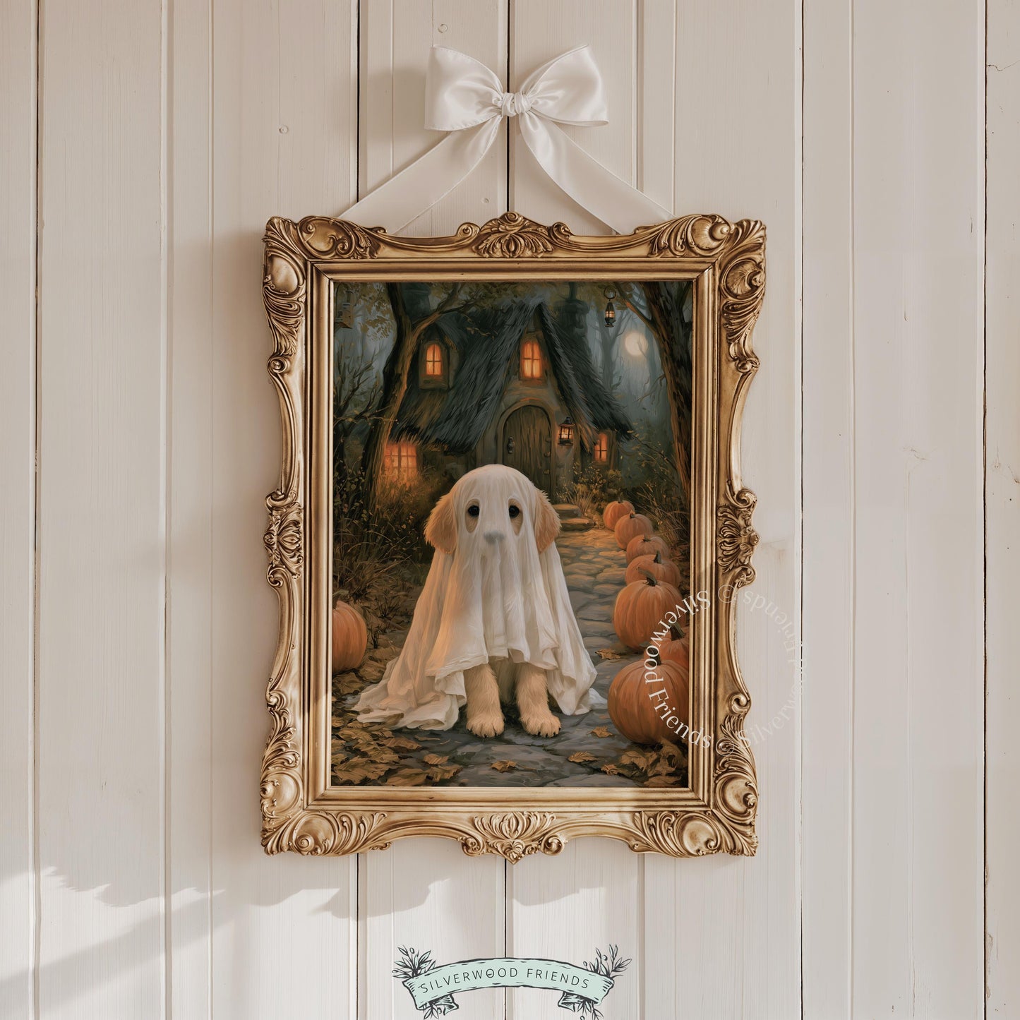 Golden retriever ghost costume digital print for hallway — painterly style with rich dark tones and autumn mood