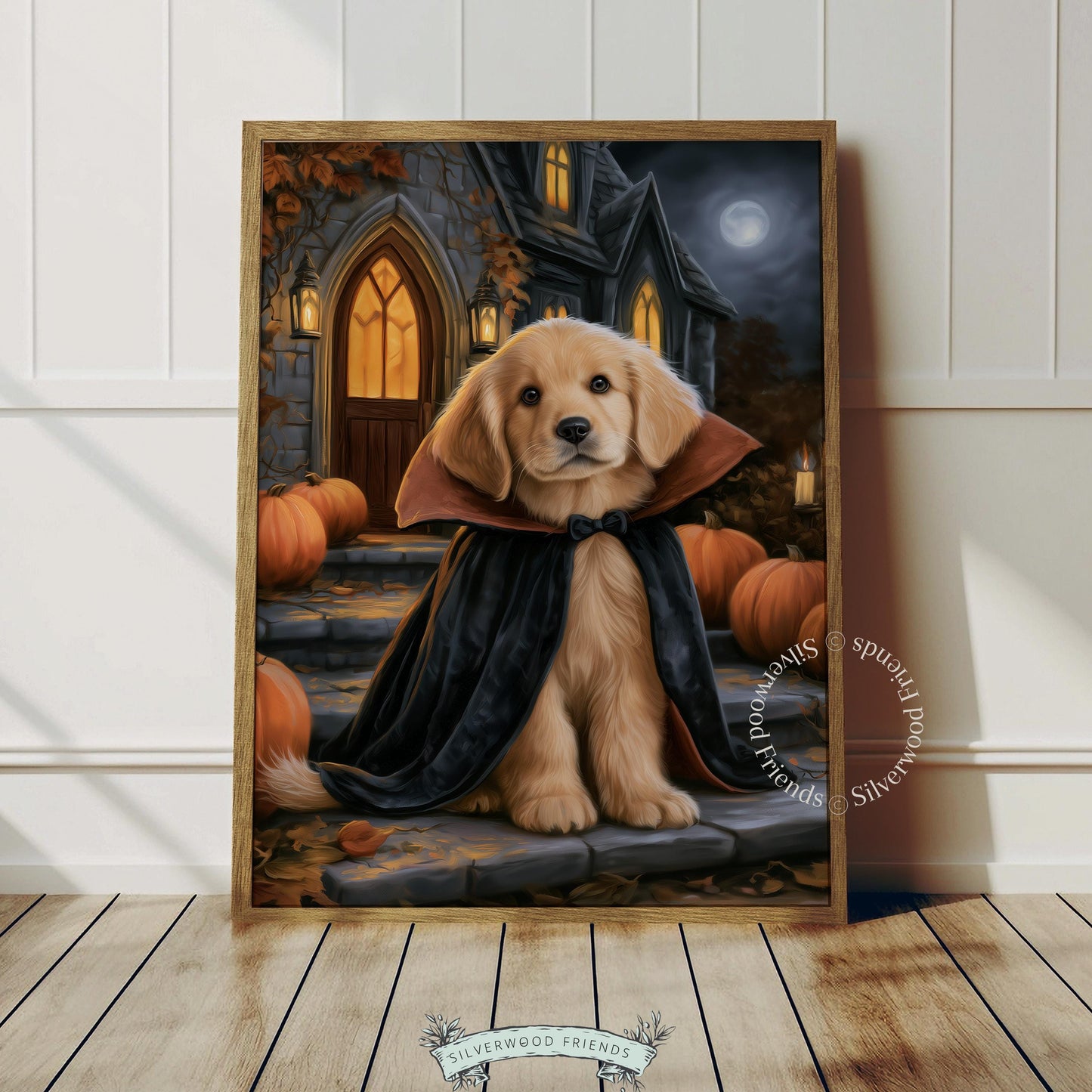 Adorable dog in dracula cape digital wall decor — cozy spooky season print with autumn leaf details