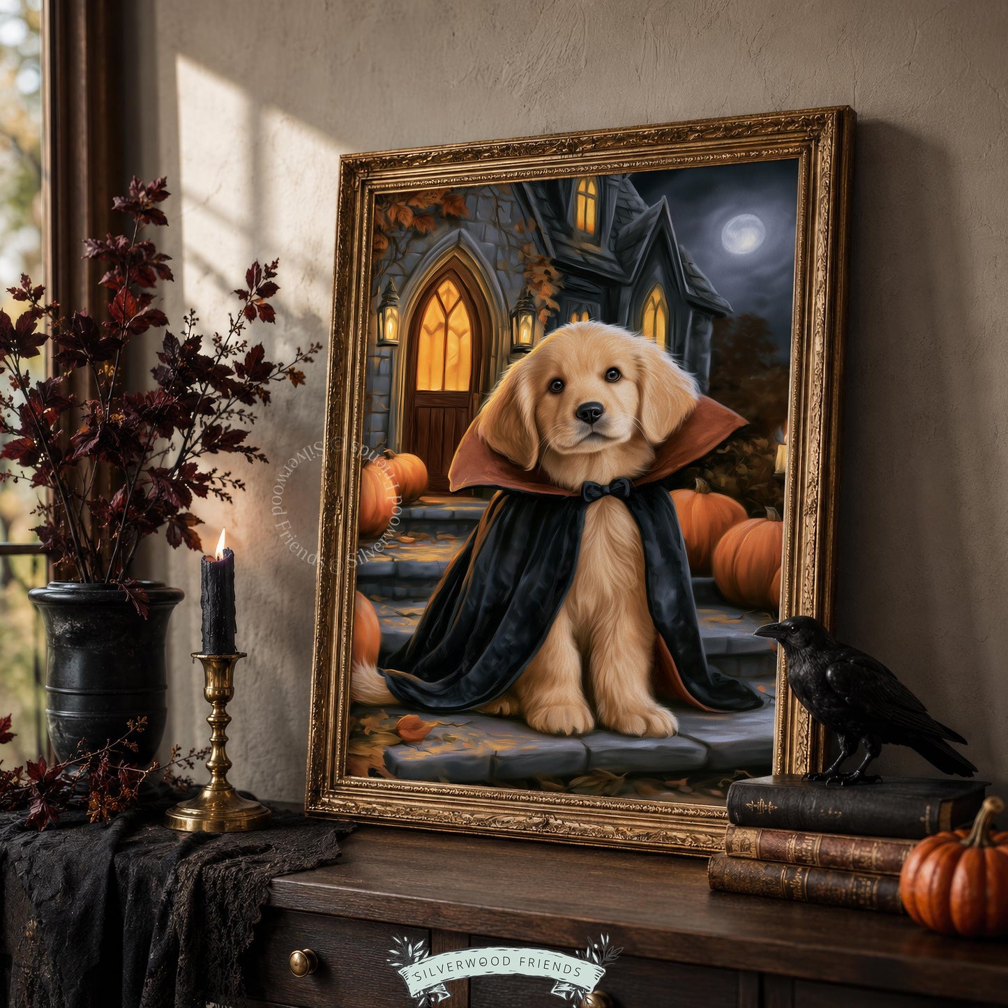 Golden dog Halloween portrait poster instant download — festive dark mood with pumpkins and glowing accents