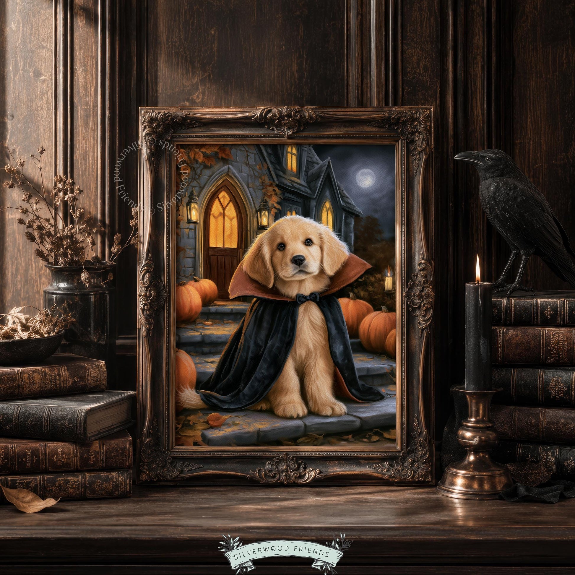 Adorable retriever in black cape picture for entryway — festive spooky season decor with autumn leaves