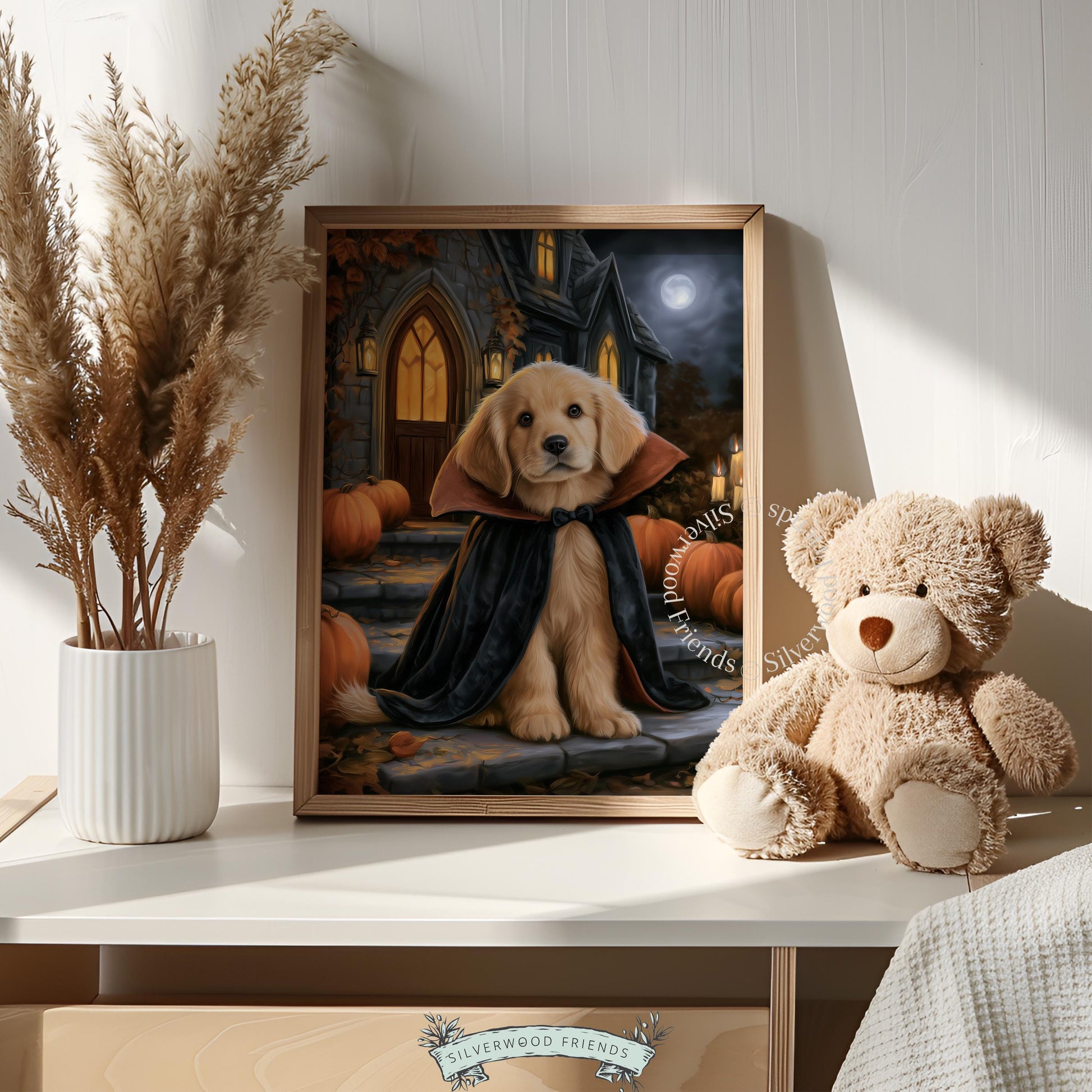 Fluffy dog in gothic cape wall art for living room — eerie pumpkin patch and glowing lantern scene