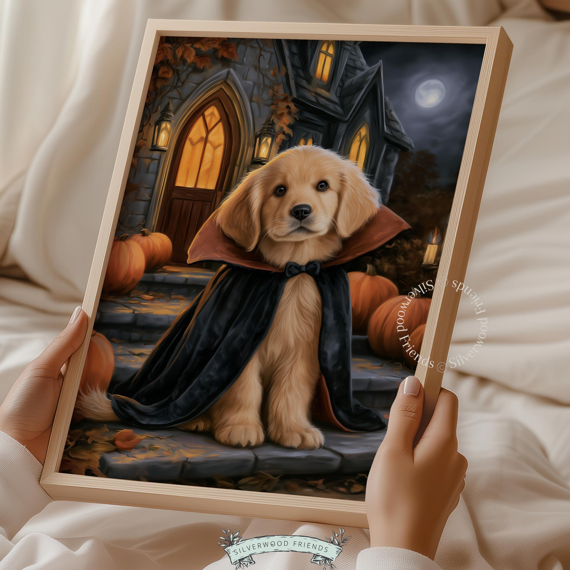 Puppy dressed as vampire artwork for den — witchy Halloween atmosphere with haunted house and pumpkins