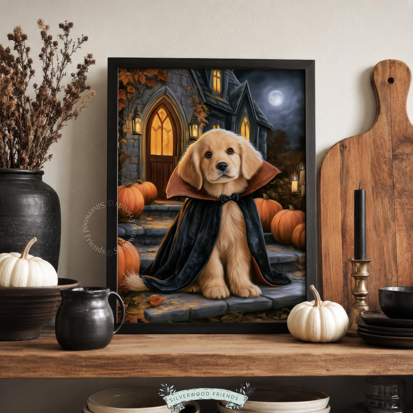 Spooky retriever costume poster for playroom — festive fall decor featuring haunted mansion and pumpkins