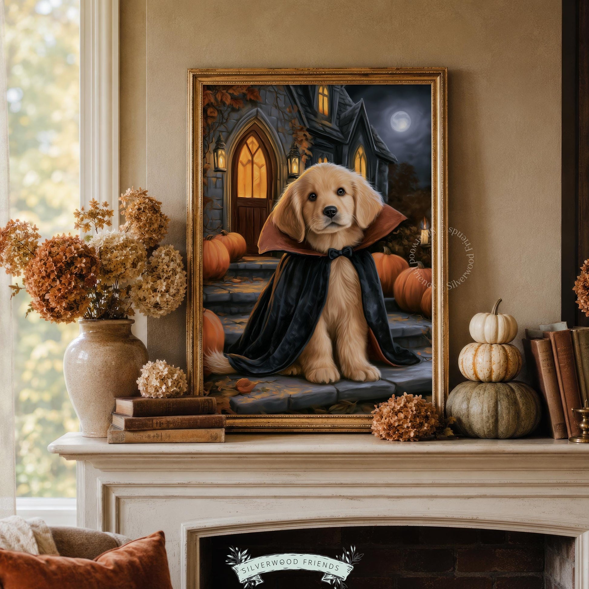 Cute canine in gothic cape picture — spooky autumn cottage aesthetic with haunted house silhouette