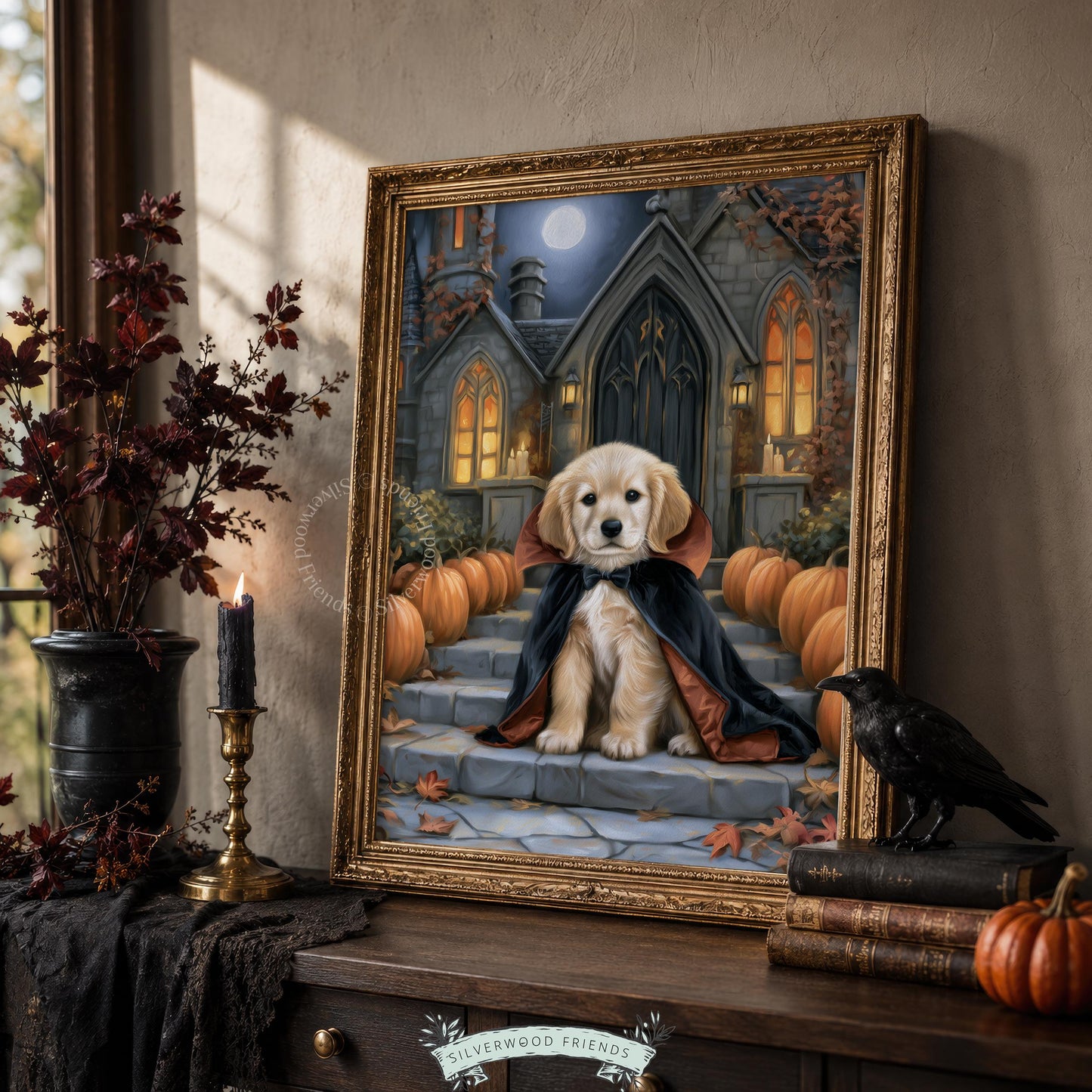 Dog Halloween costume picture for gallery wall — dark academia themed instant download with vintage charm