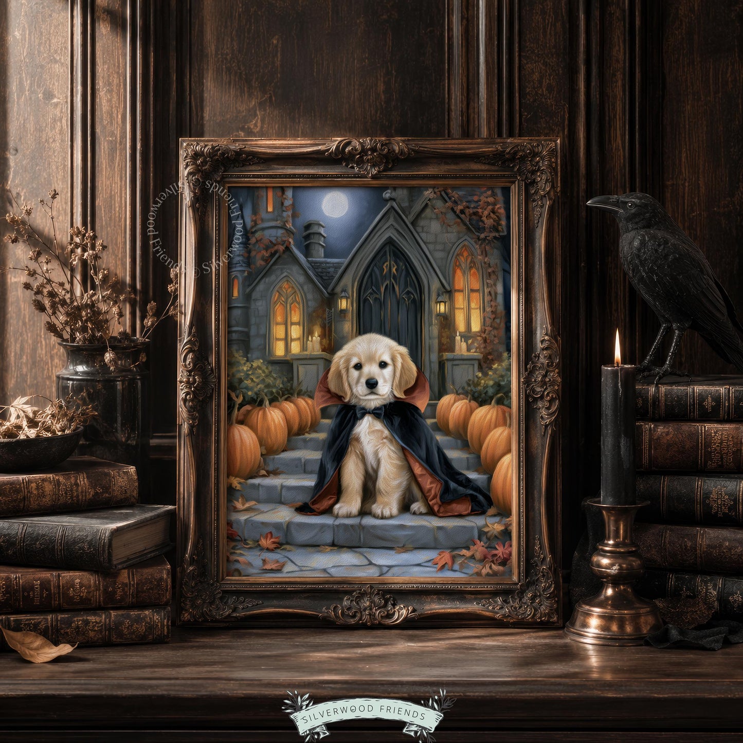 Golden retriever vampire printable art for Halloween — spooky-cute puppy in cape on gothic stone steps