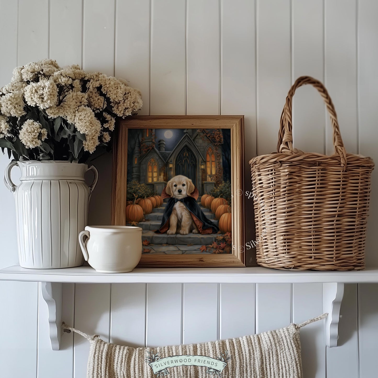 Cape-wearing retriever digital download for hallway — witchy fall poster with haunted grounds and moonlight