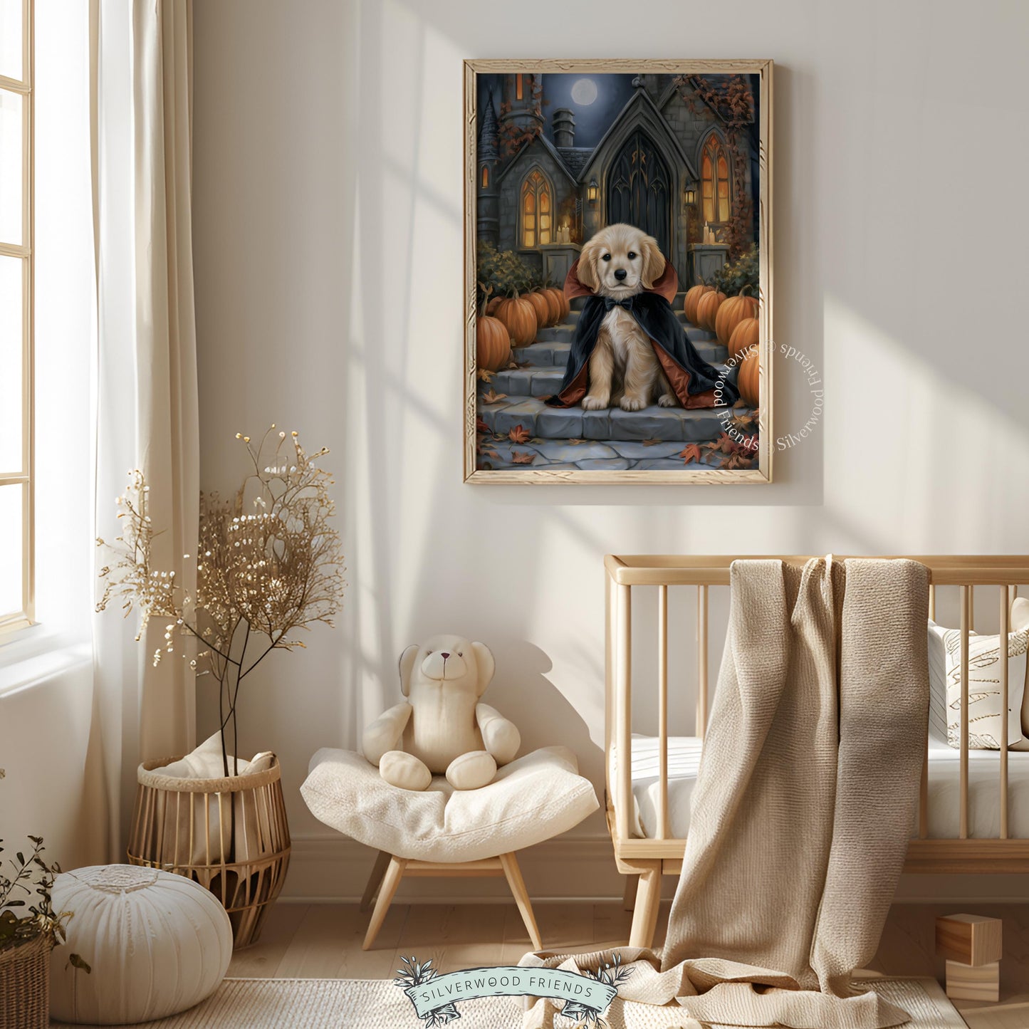 Golden pup digital art print for kitchen — festive spooky illustration with stone steps and glowing windows