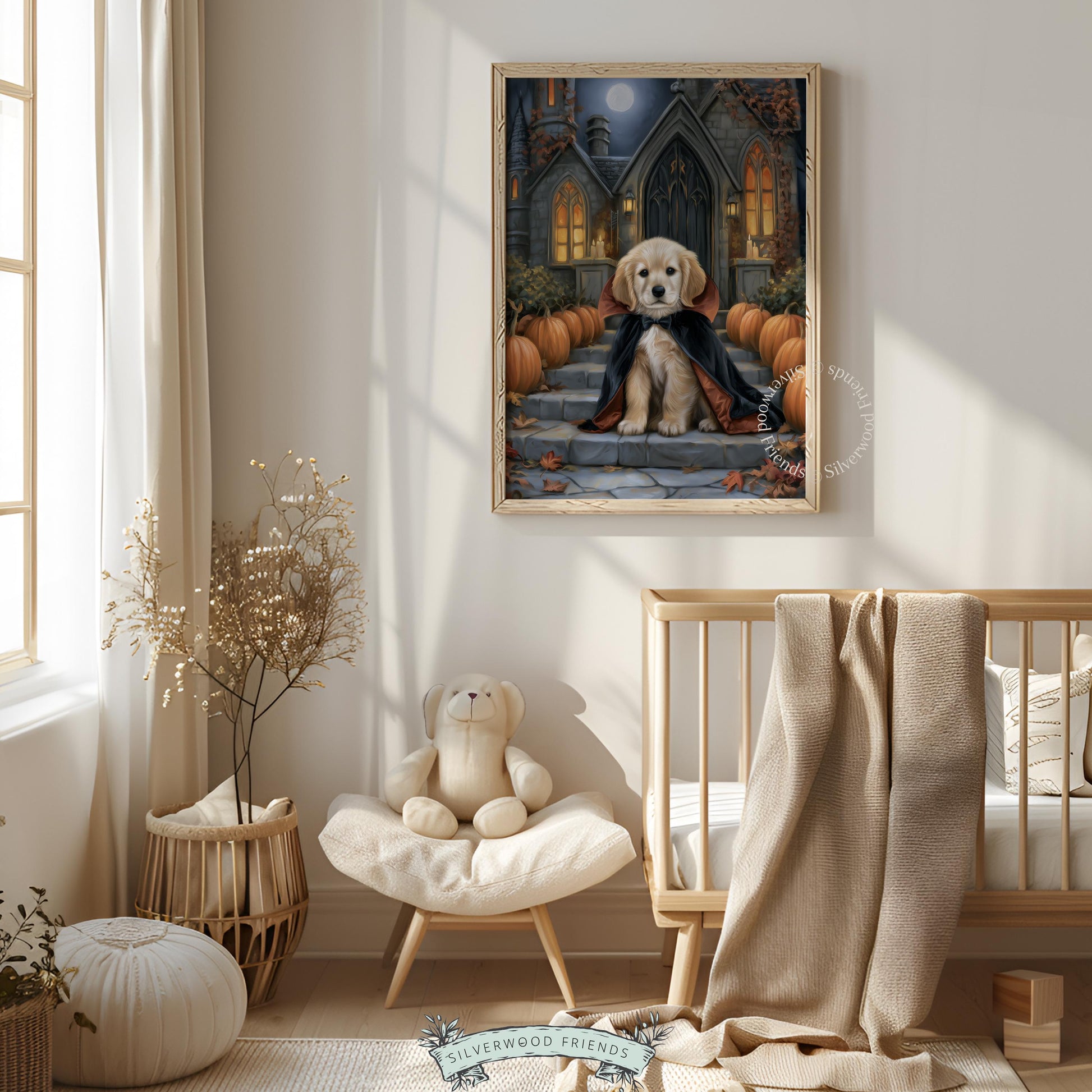 Golden pup digital art print for kitchen — festive spooky illustration with stone steps and glowing windows