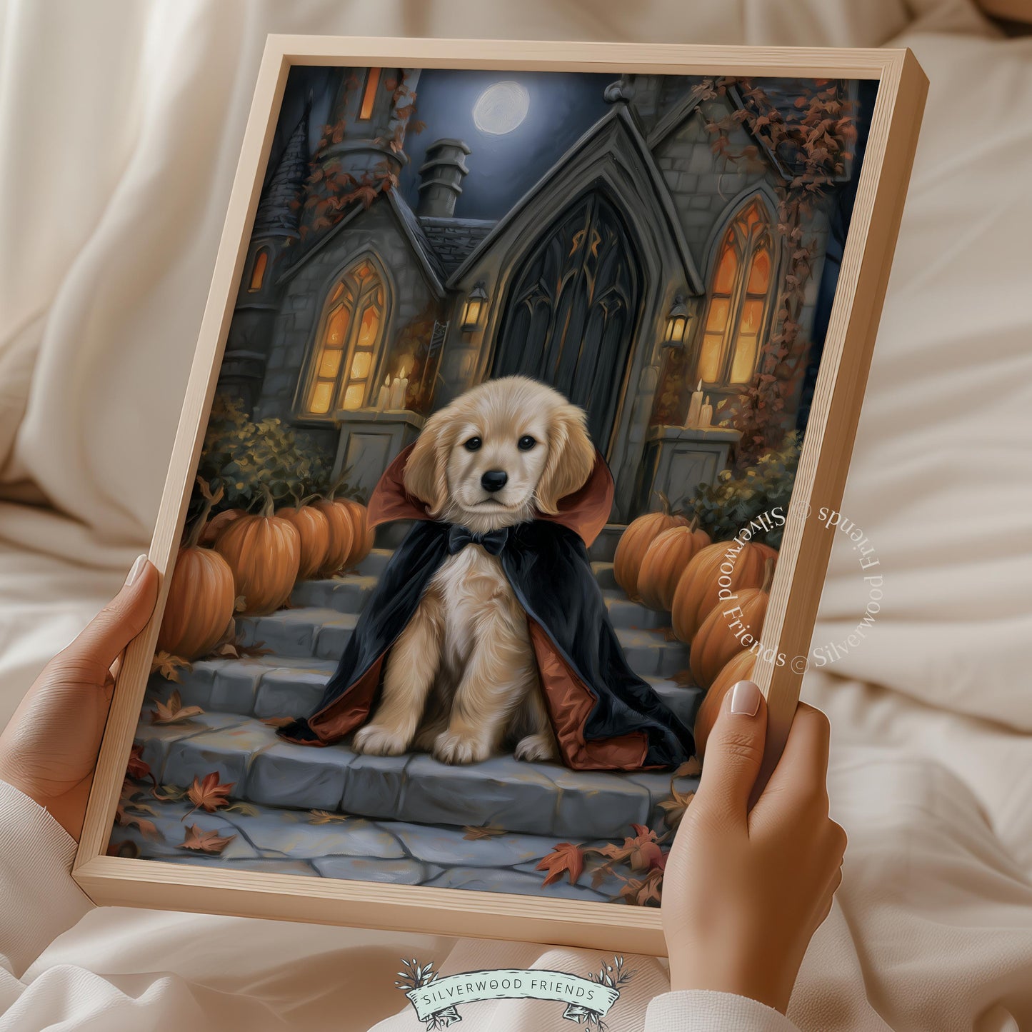 Vampire pup printable poster for cozy spaces — dark moody illustration with glowing jack-o'-lanterns