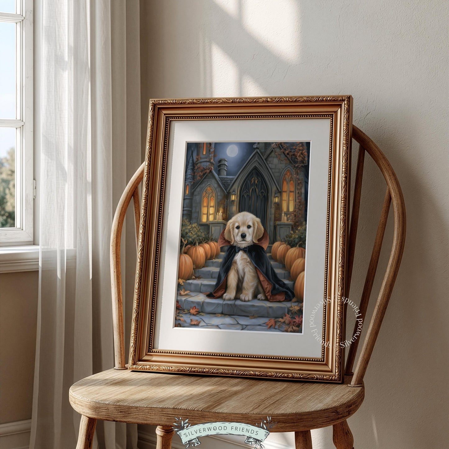 Cute puppy in cape picture for entryway — dark academia aesthetic with vintage storybook charm
