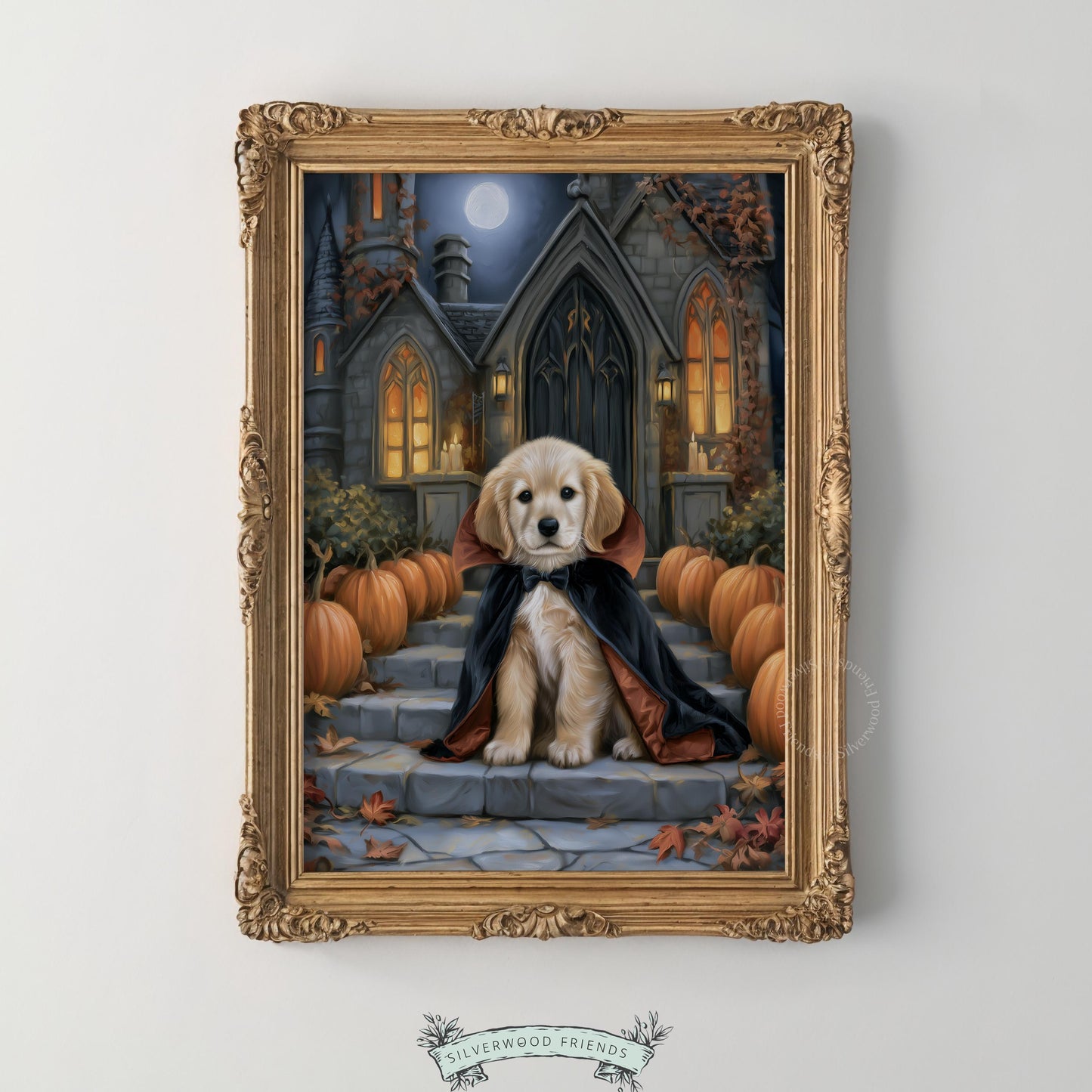 Halloween puppy wall art instant download — richly detailed digital painting with gothic stone mansion scenery
