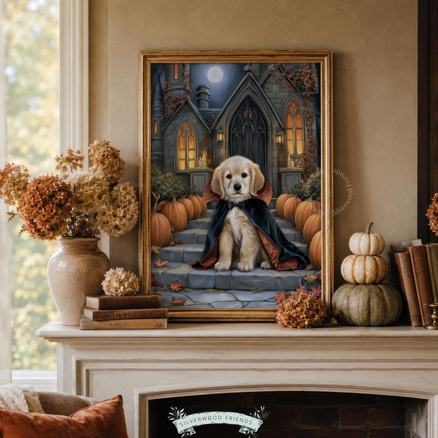 Festive golden retriever artwork for fall decor — mysterious Halloween scene with climbing ivy and full moon