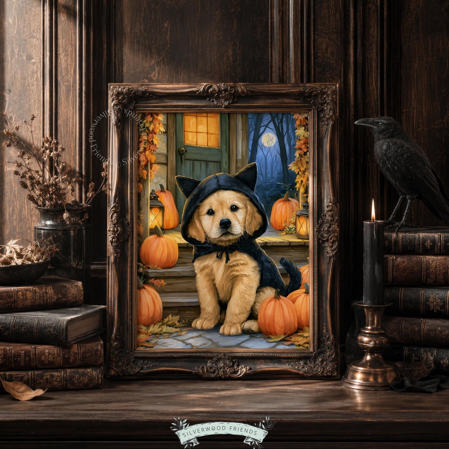 Adorable puppy illustration wall print for fall entertaining — festive black cat costume theme