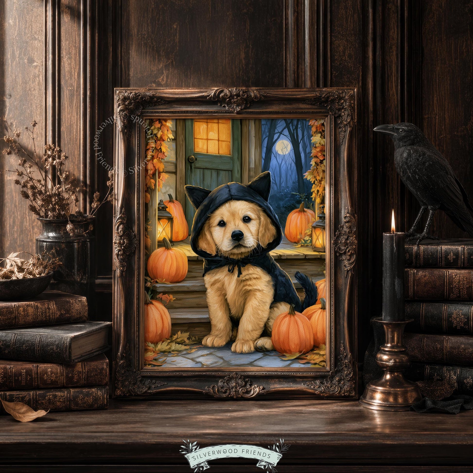 Adorable puppy illustration wall print for fall entertaining — festive black cat costume theme
