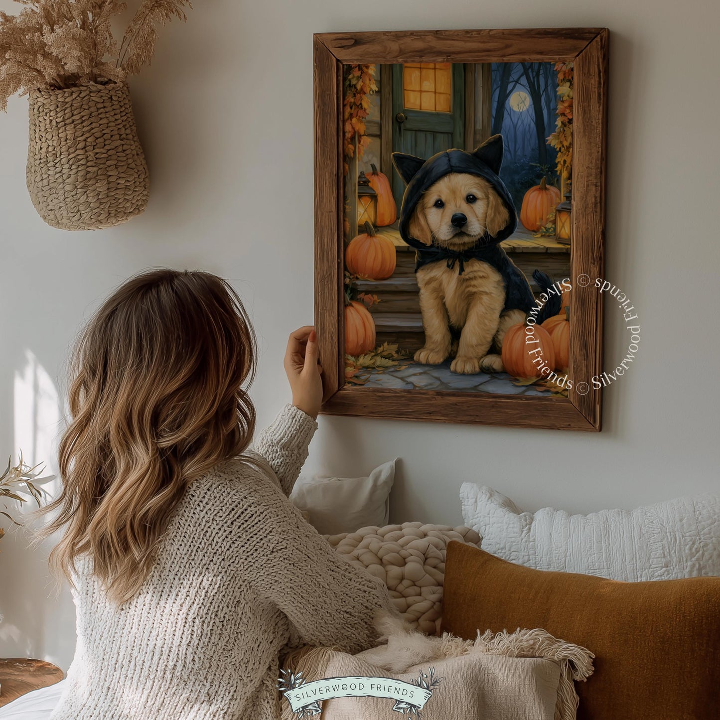 Witchy home décor puppy picture — retriever on moody porch with glowing jack-o'-lanterns