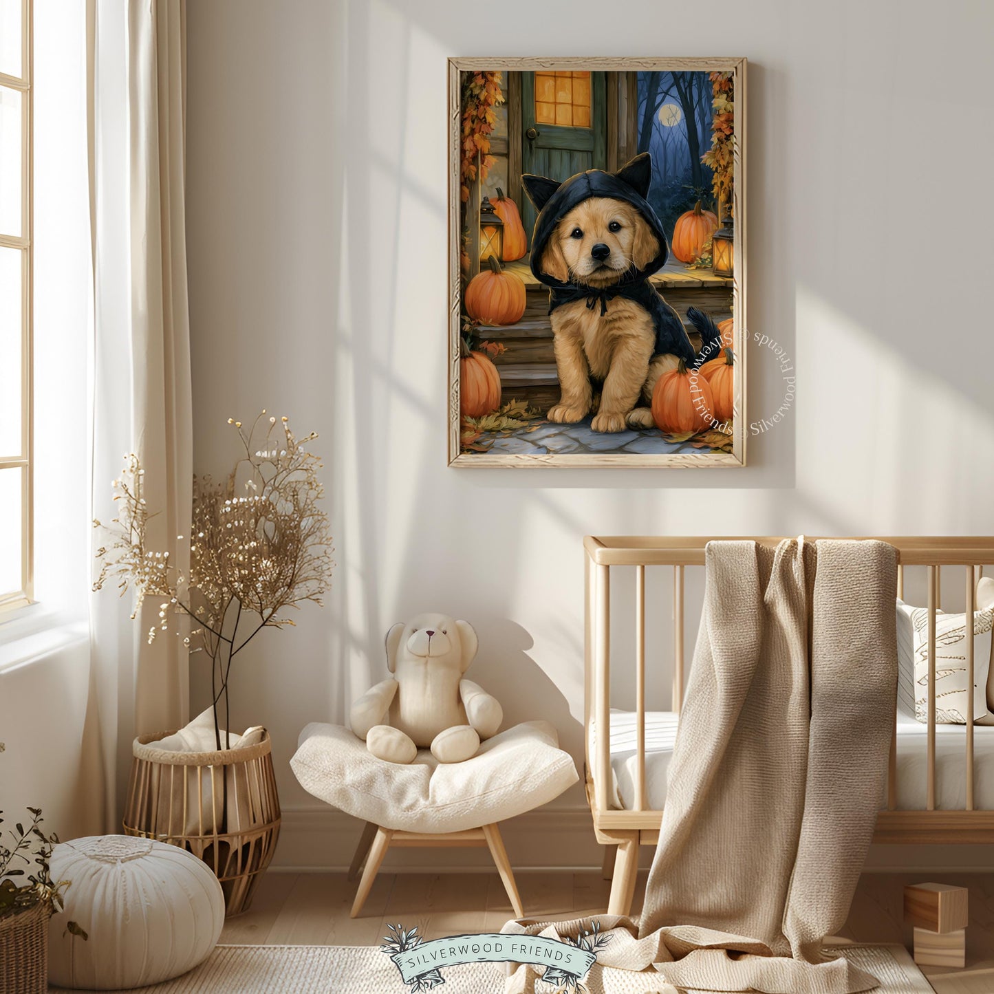 Puppy portrait wall picture for Halloween decorating — rustic cottage scene with glowing lanterns and leaves
