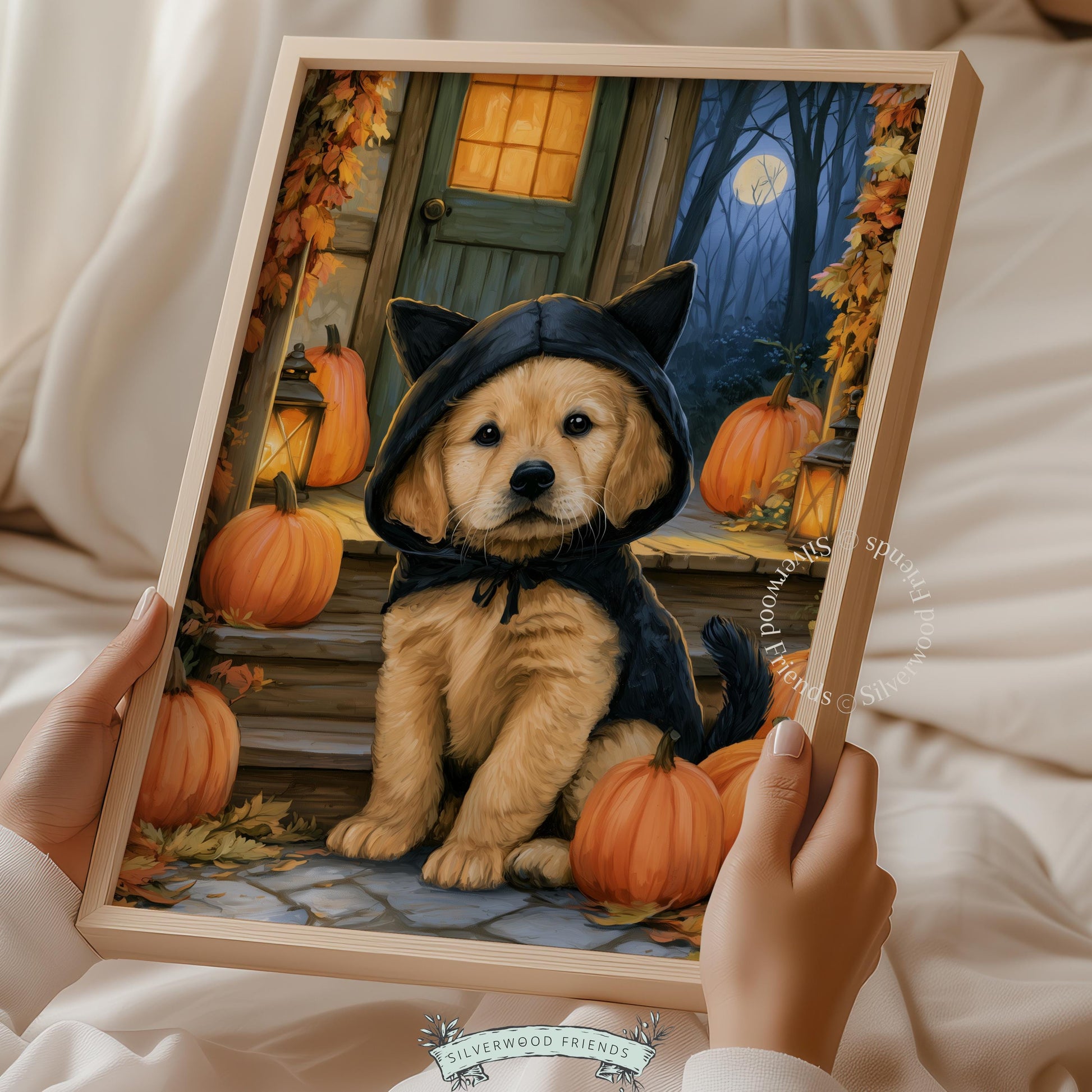 Puppy in festive costume digital art poster for entryway — rustic autumn scene with warm lighting