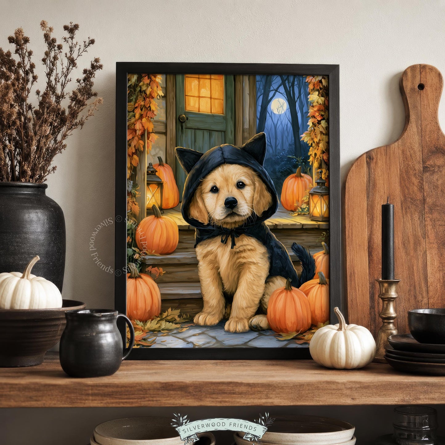 Black cat costume puppy digital print for seasonal wall — warm golden tones and glowing lanterns