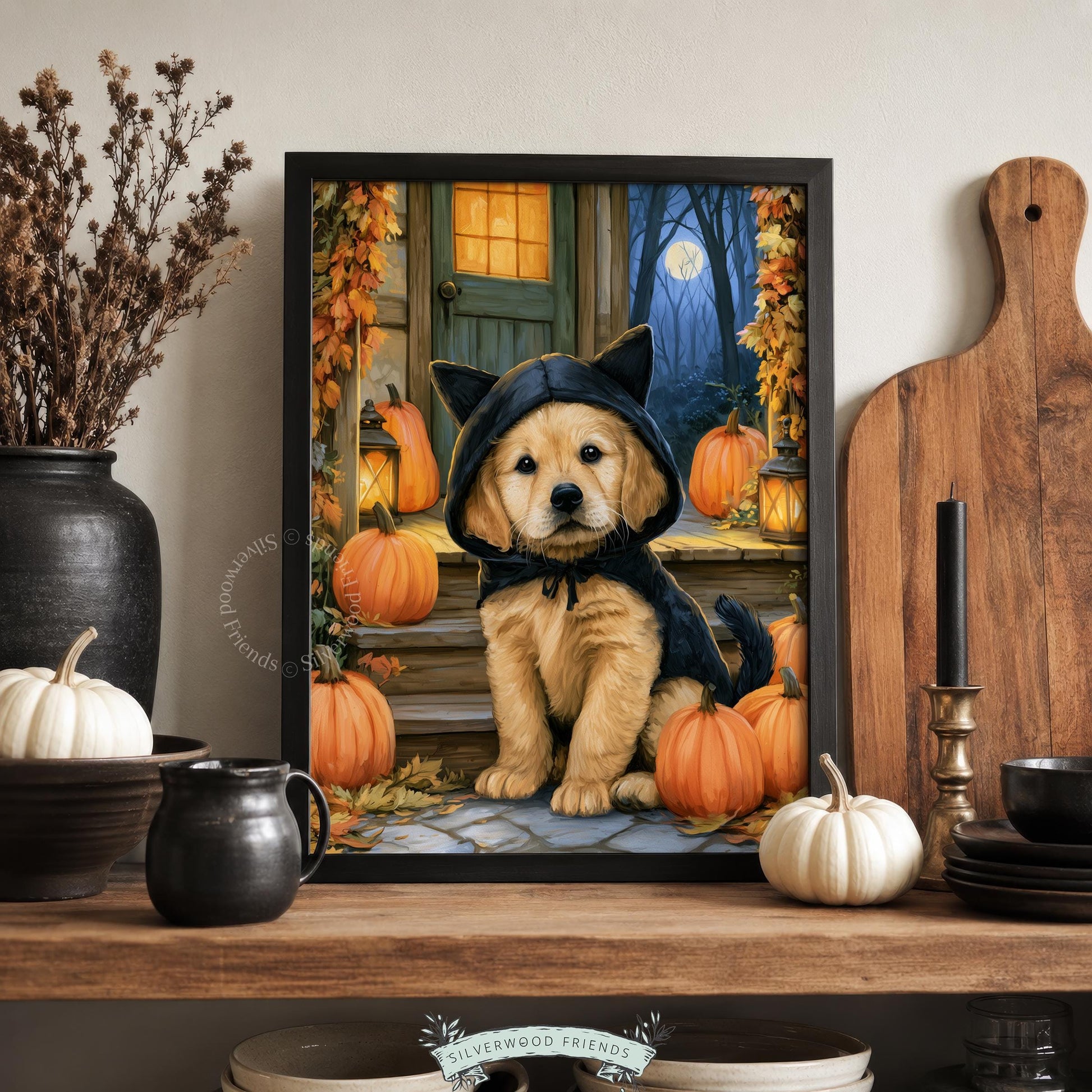 Black cat costume puppy digital print for seasonal wall — warm golden tones and glowing lanterns