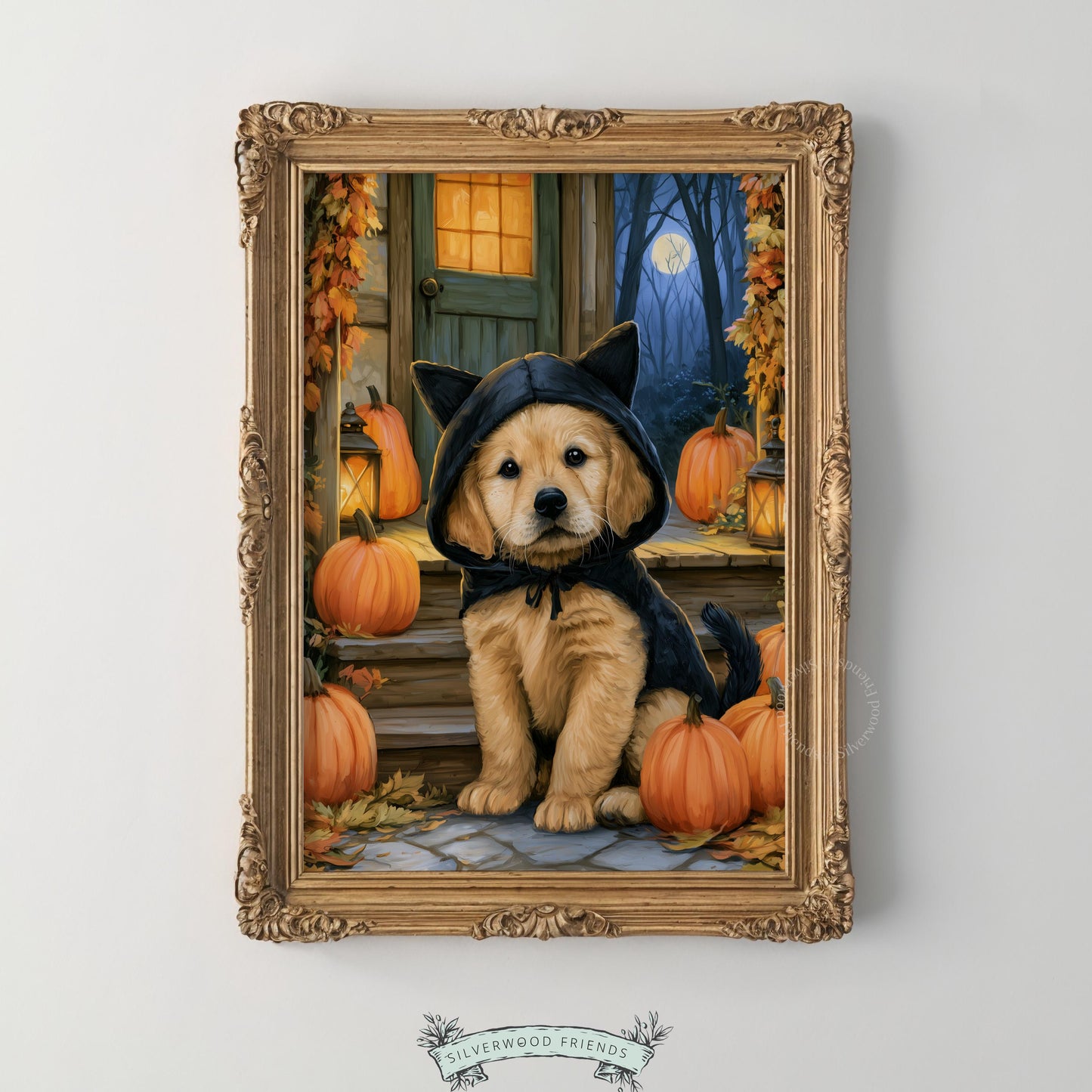 Cute retriever illustration printable wall décor for playroom — cozy autumn porch with costume theme