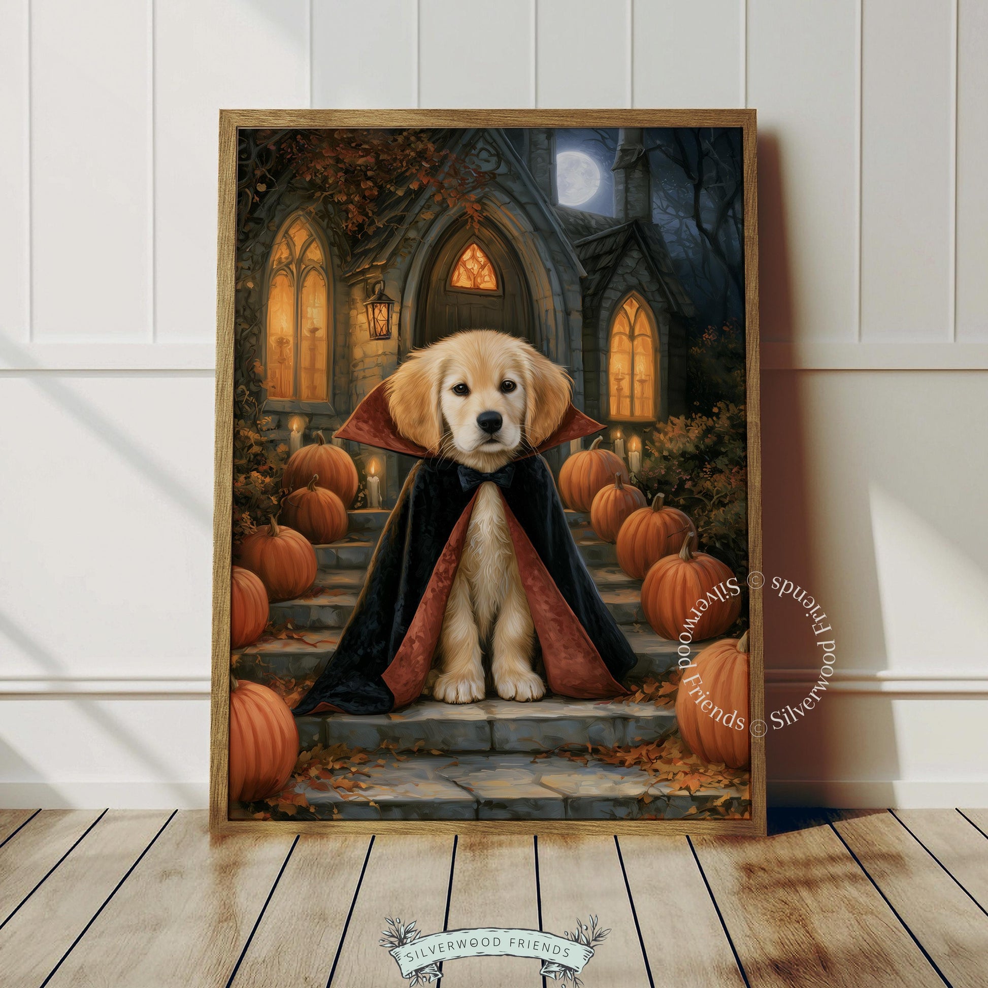 Puppy Dracula digital wall art — seasonal Halloween decor featuring golden dog in cape with moody evening atmosphere