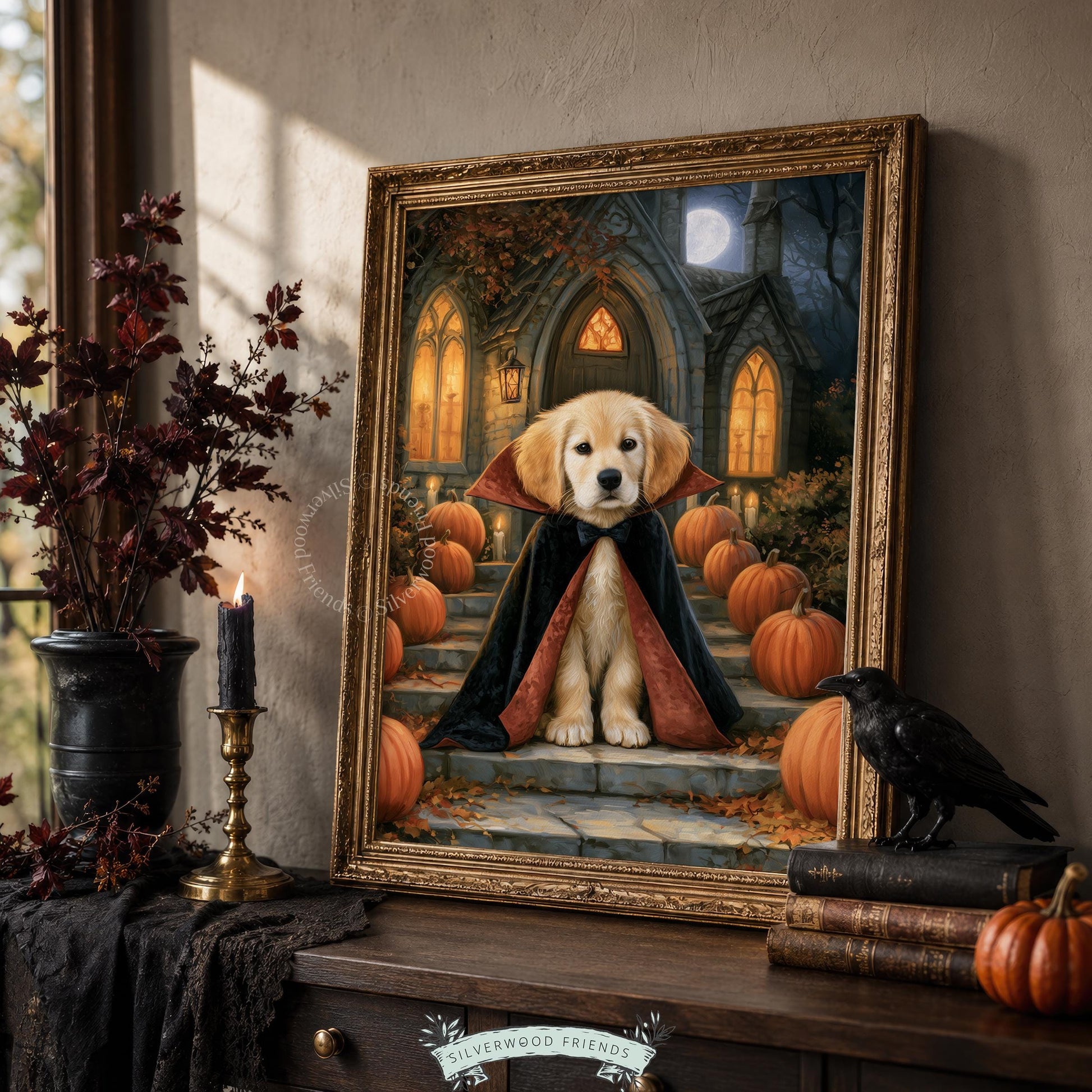 Spooky season puppy poster for den — cute canine in black cape with rustic autumn cottage aesthetic and candlelit glow