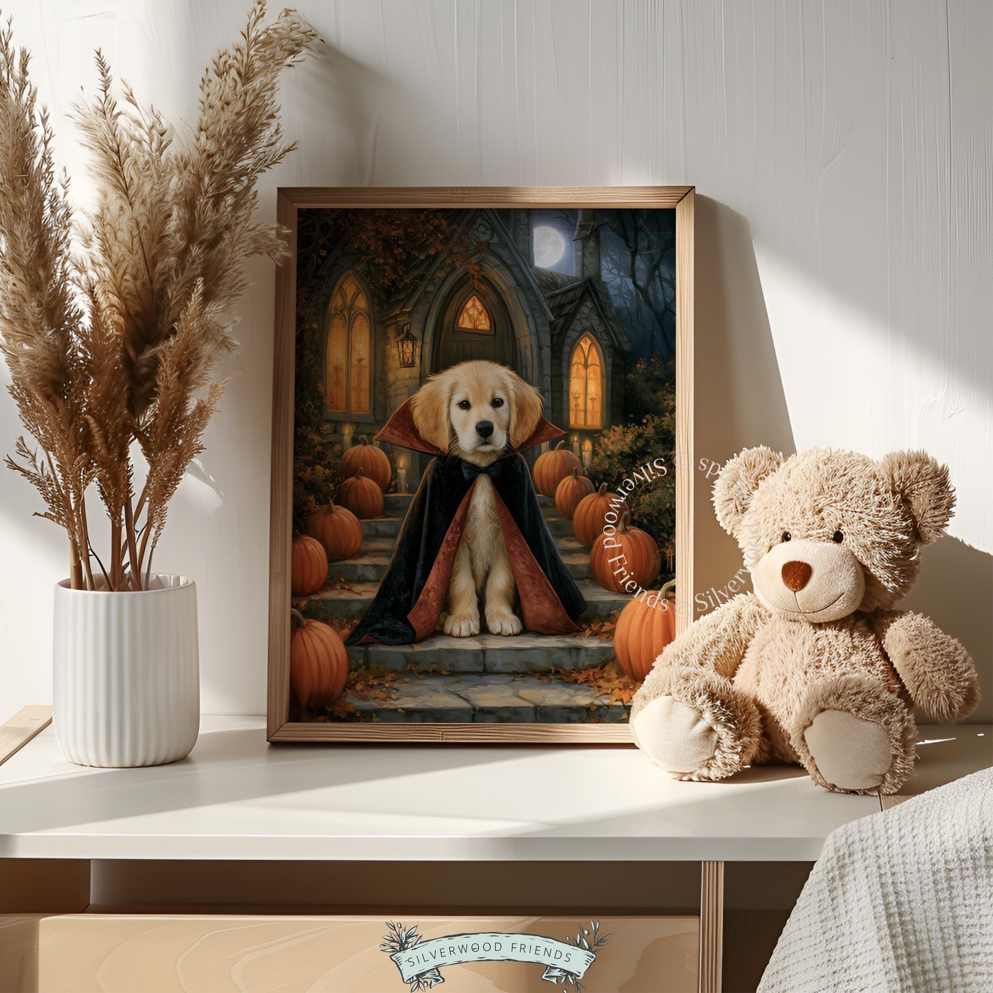 Friendly dog Halloween costume print for game room — spooky-cute pup portrait with pumpkins and moonlit Gothic setting