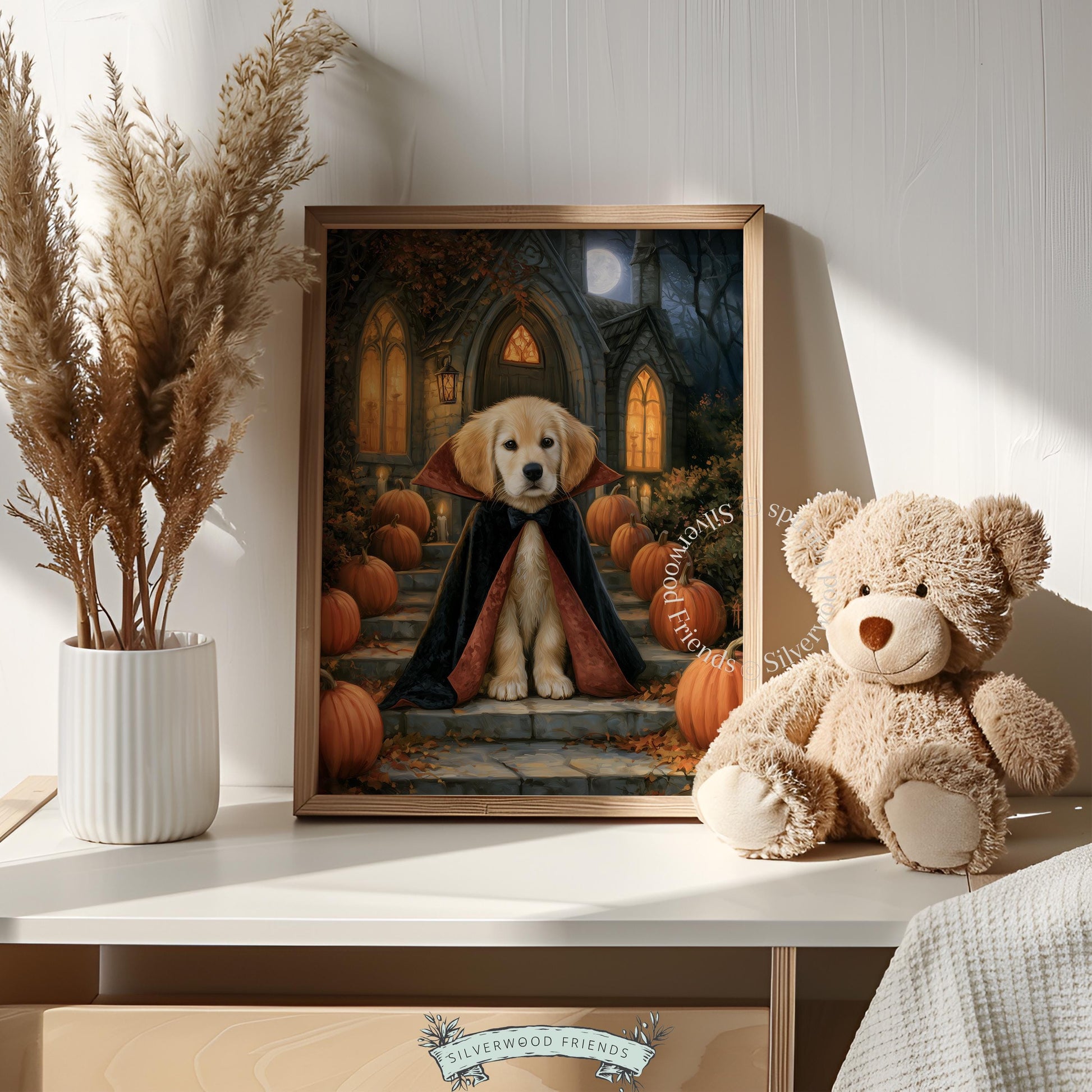 Friendly dog Halloween costume print for game room — spooky-cute pup portrait with pumpkins and moonlit Gothic setting