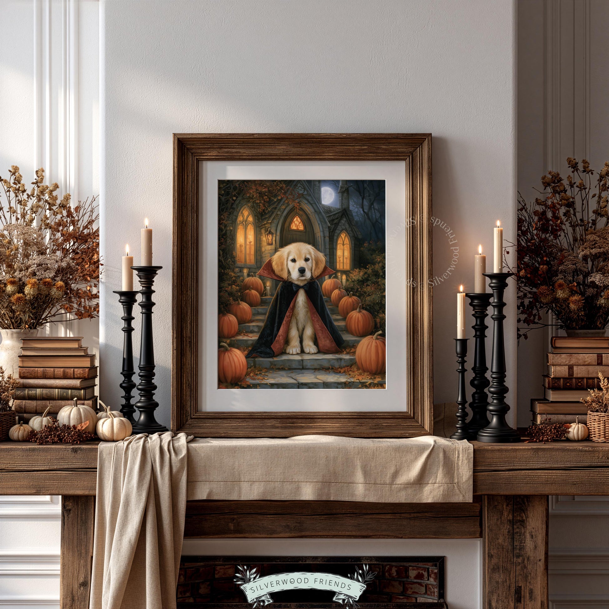 Puppy dressed up Halloween artwork instant download — charming dog portrait with candlelit archway and autumn seasonal elements