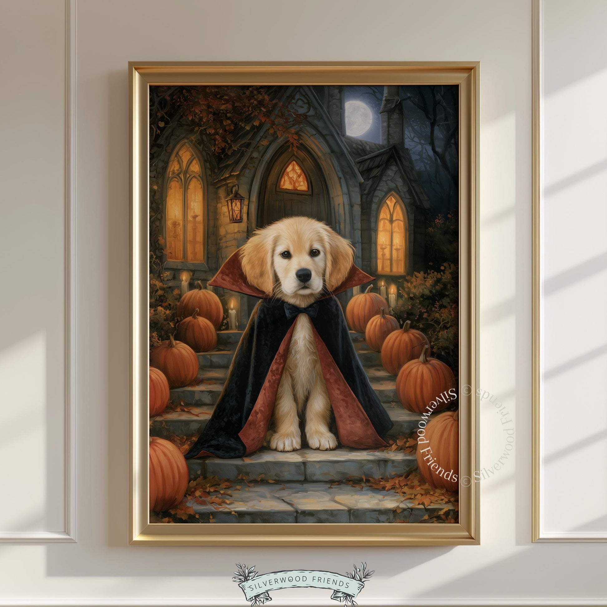 Golden retriever Halloween picture printable art — charming vampire-themed dog portrait with Gothic archway and full moon