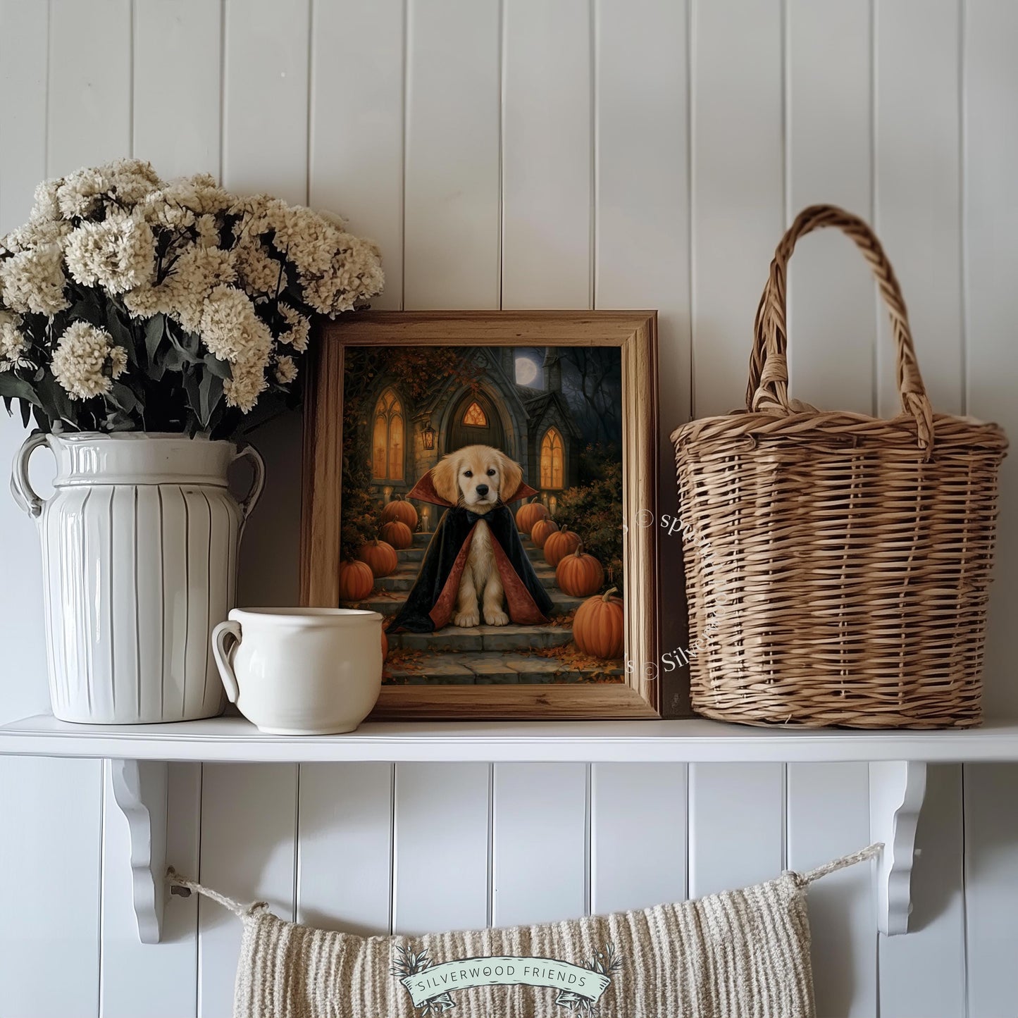 Halloween costume dog painting poster — spooky golden pup portrait with rich textured illustration and vintage atmospheric feel