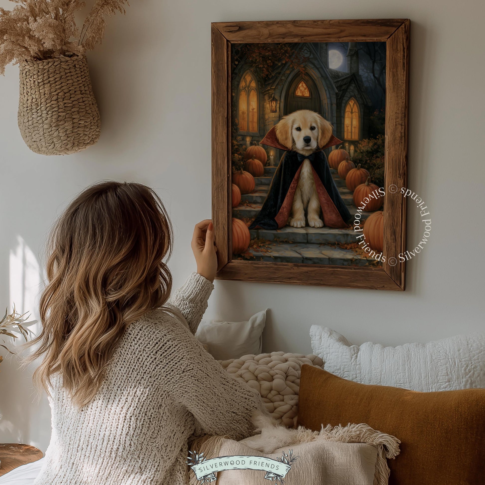 Golden pup in vampire outfit printable poster — fall hosting decor with warm amber tones and festive dark academia vibes