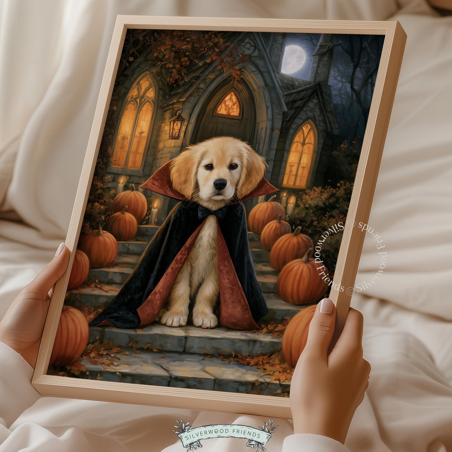 Dog vampire portrait instant download wall art — festive Halloween pup surrounded by orange pumpkins and gothic stone elements