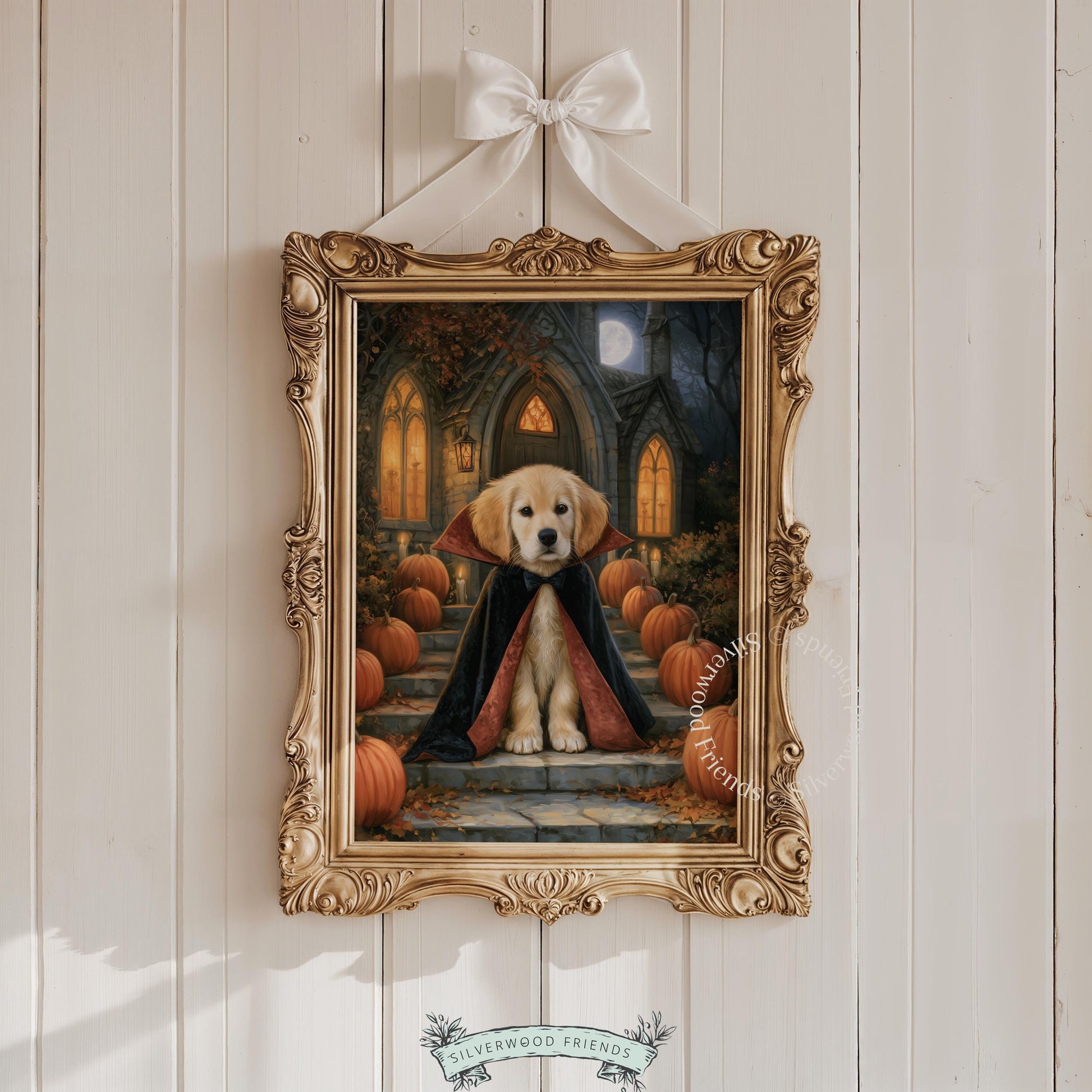 Cute retriever pup artwork for study — darkly whimsical Halloween costume portrait with vintage painterly illustration style
