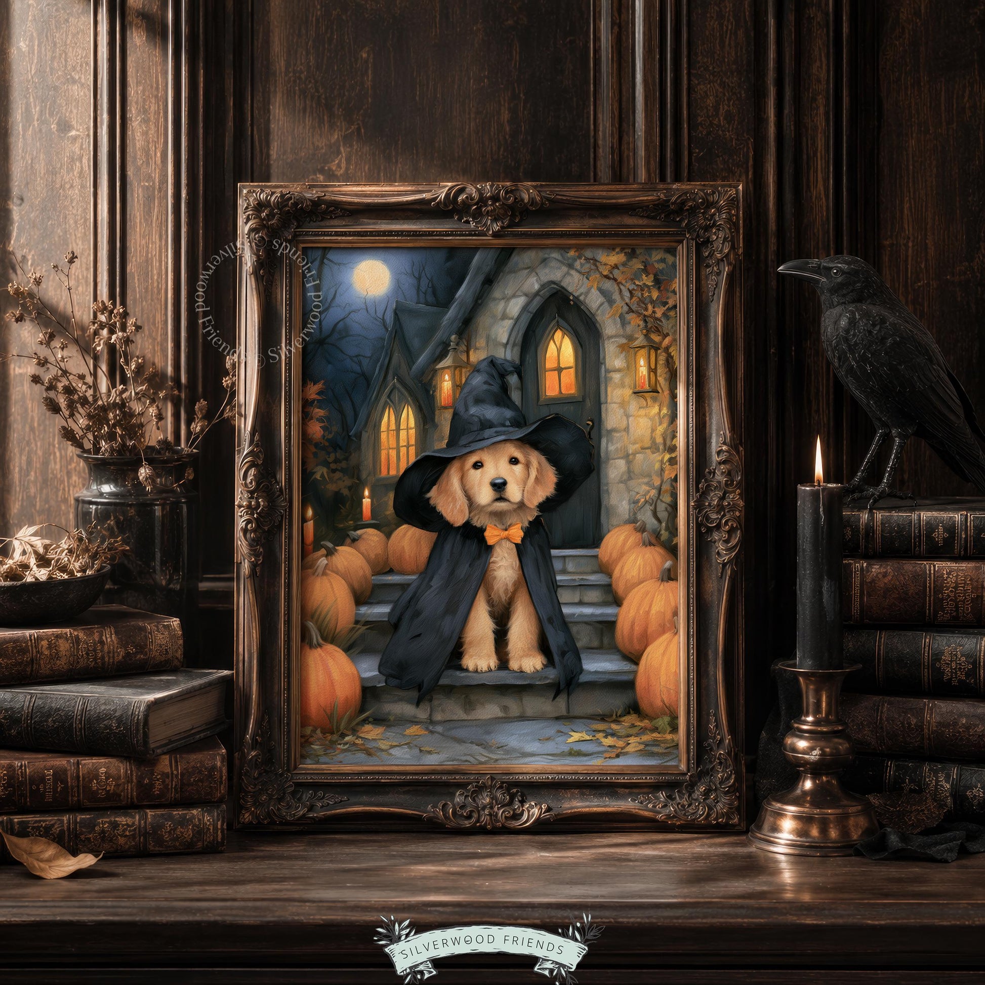 Golden pup costume wall picture for office — dark academia aesthetic with classical manor, full moon, and festive pumpkin rows