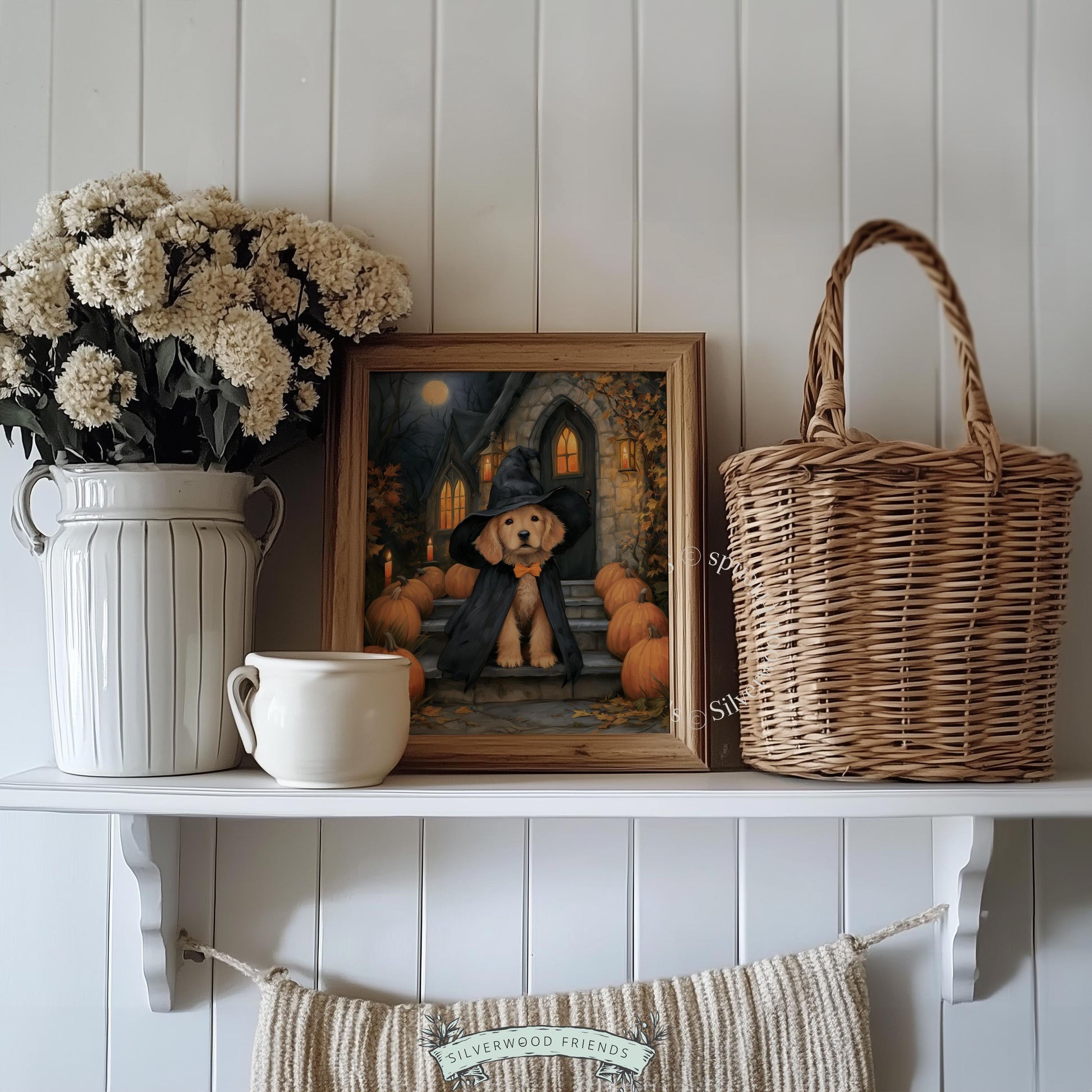 Dog dressed as witch wall art poster for entryway — dark moody aesthetic with glowing jack-o'-lanterns and manor backdrop