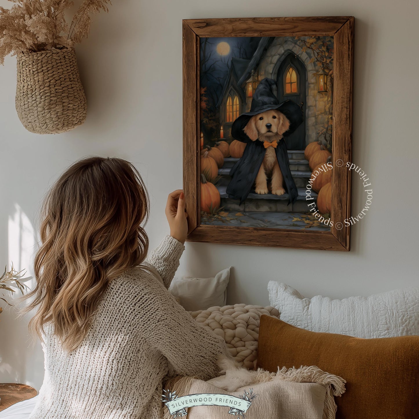 Retriever pup with witch hat wall picture for farmhouse — rustic Halloween charm with harvest pumpkins and shadowy manor house
