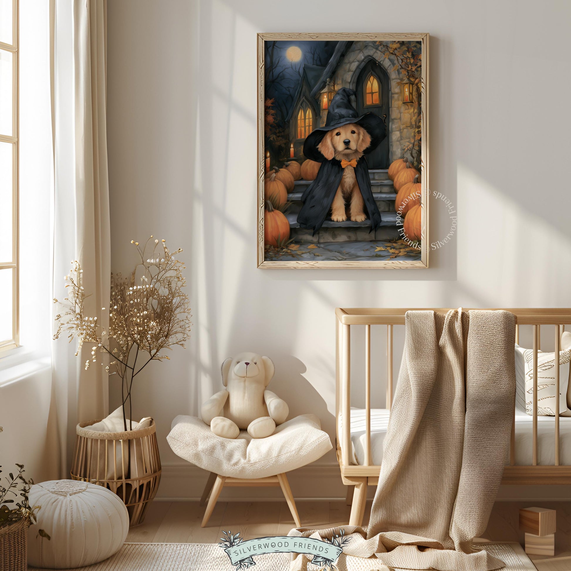 Golden retriever puppy in witch costume printable art for bedroom — spooky Halloween illustration with pumpkins and candlelight